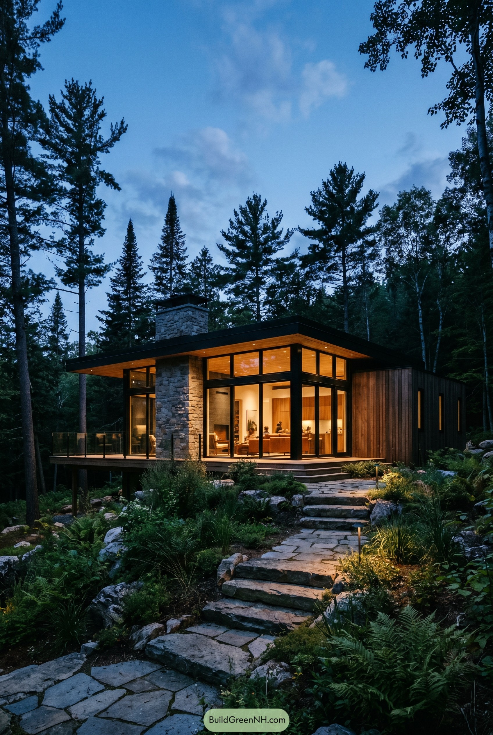 Modern forest house with glass walls and stone chimney