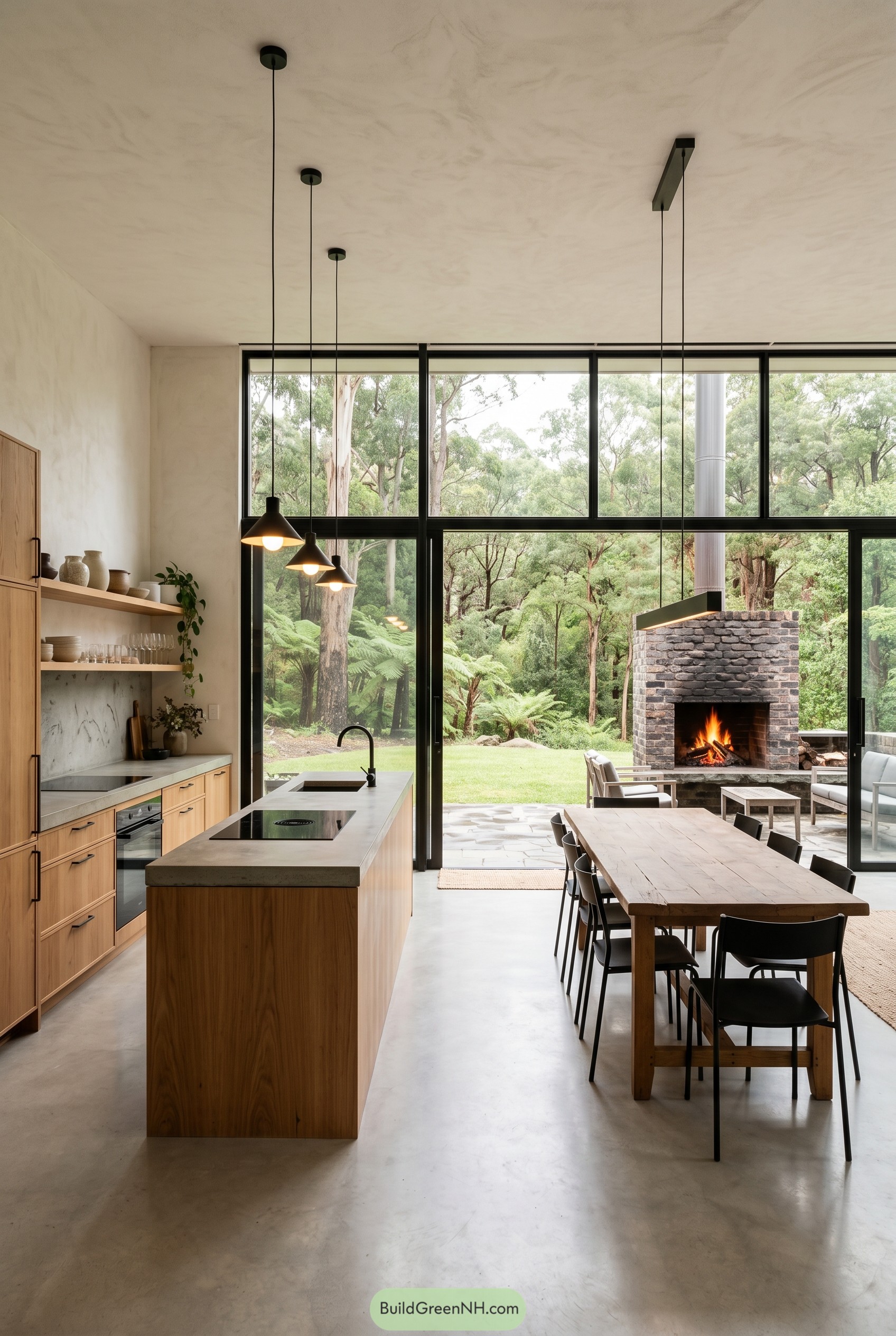 Open kitchen with forest views and outdoor fireplace