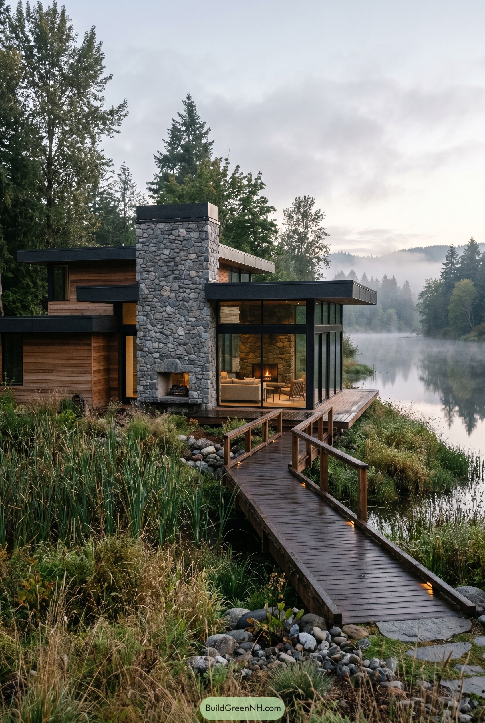 Modern wood and glass lake house with stone chimney
