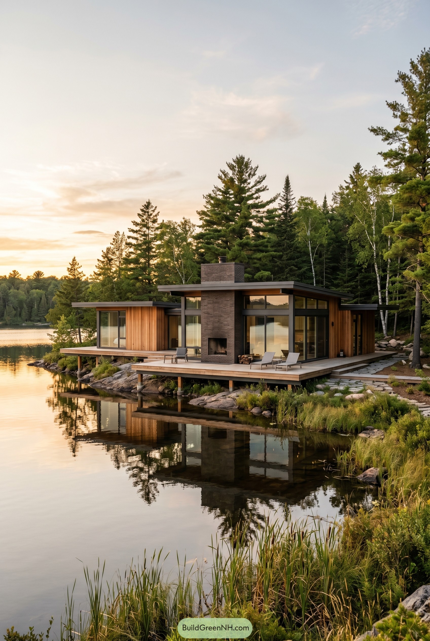 Modern lakeside house with wood glass and chimney