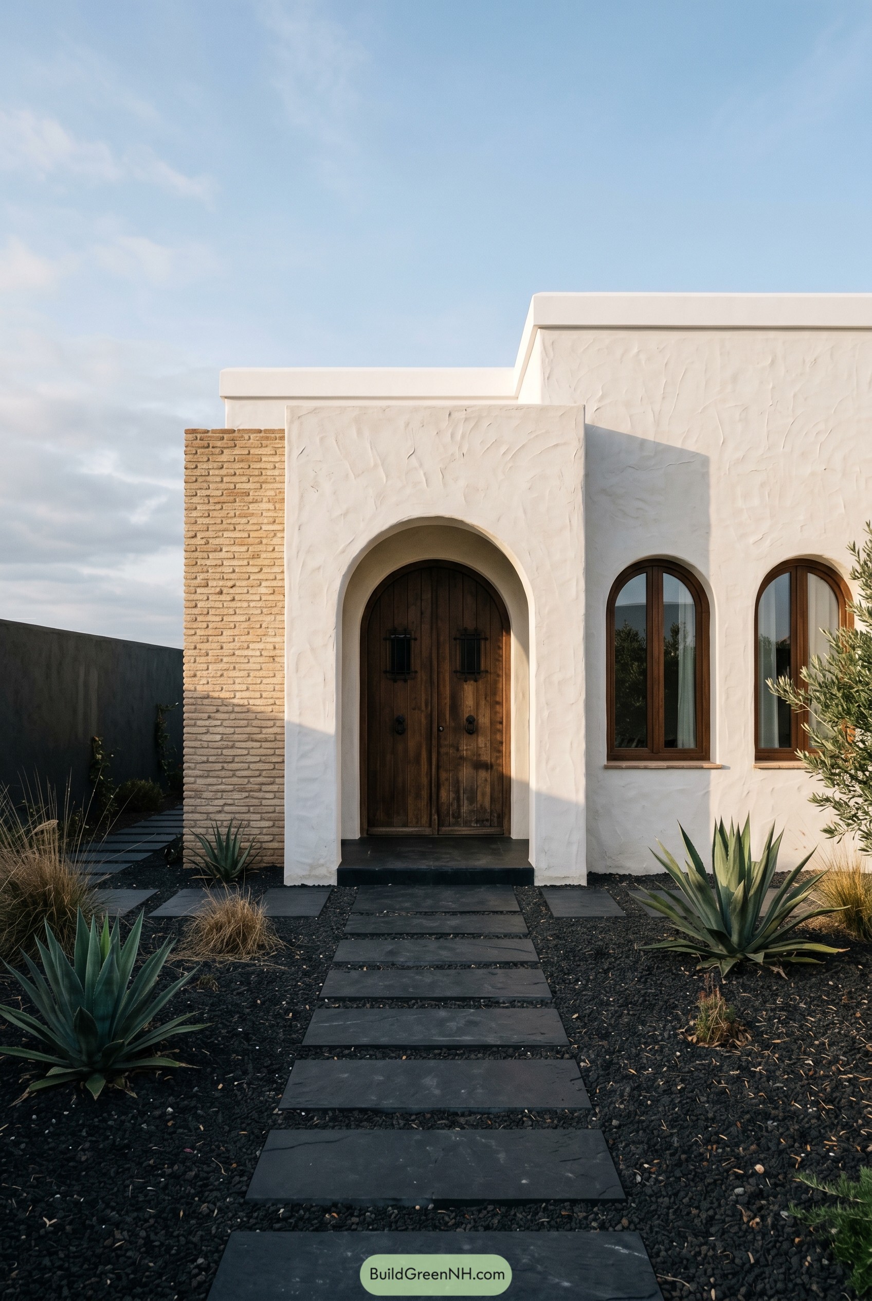 White stucco Mediterranean home with arched entry