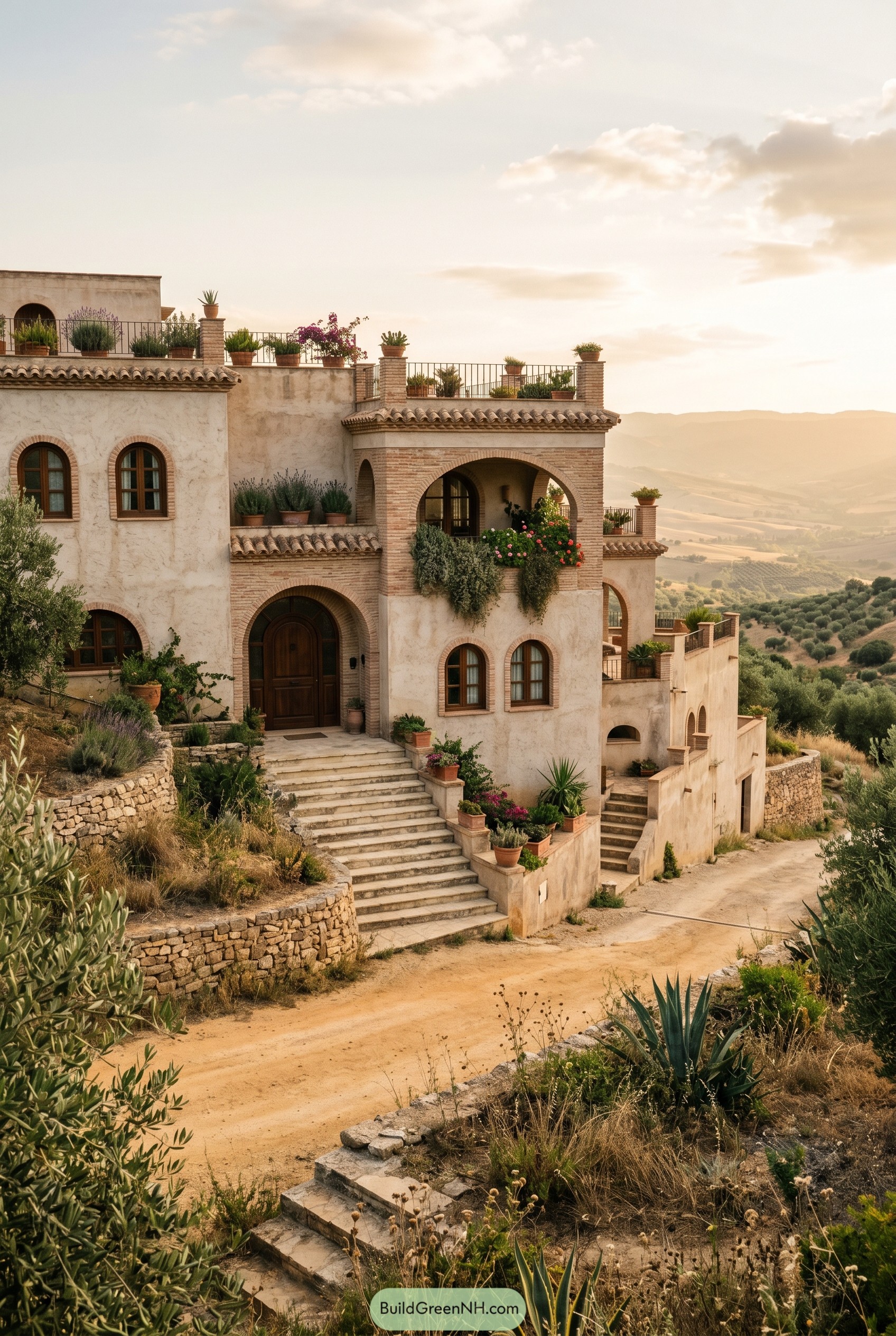 Mediterranean hillside villa with brick arches and terraces