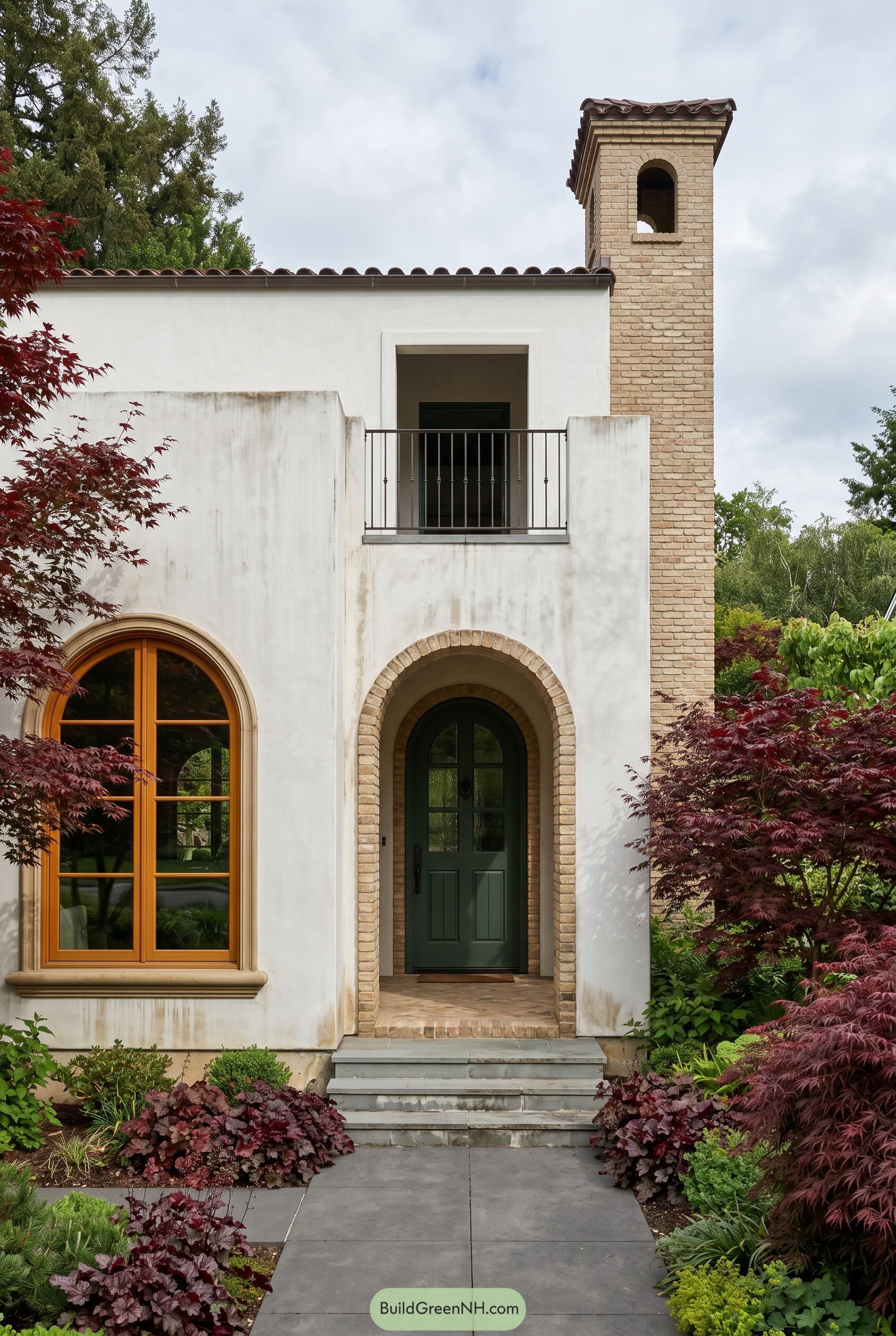 Mediterranean stucco home with arched entry and brick tower