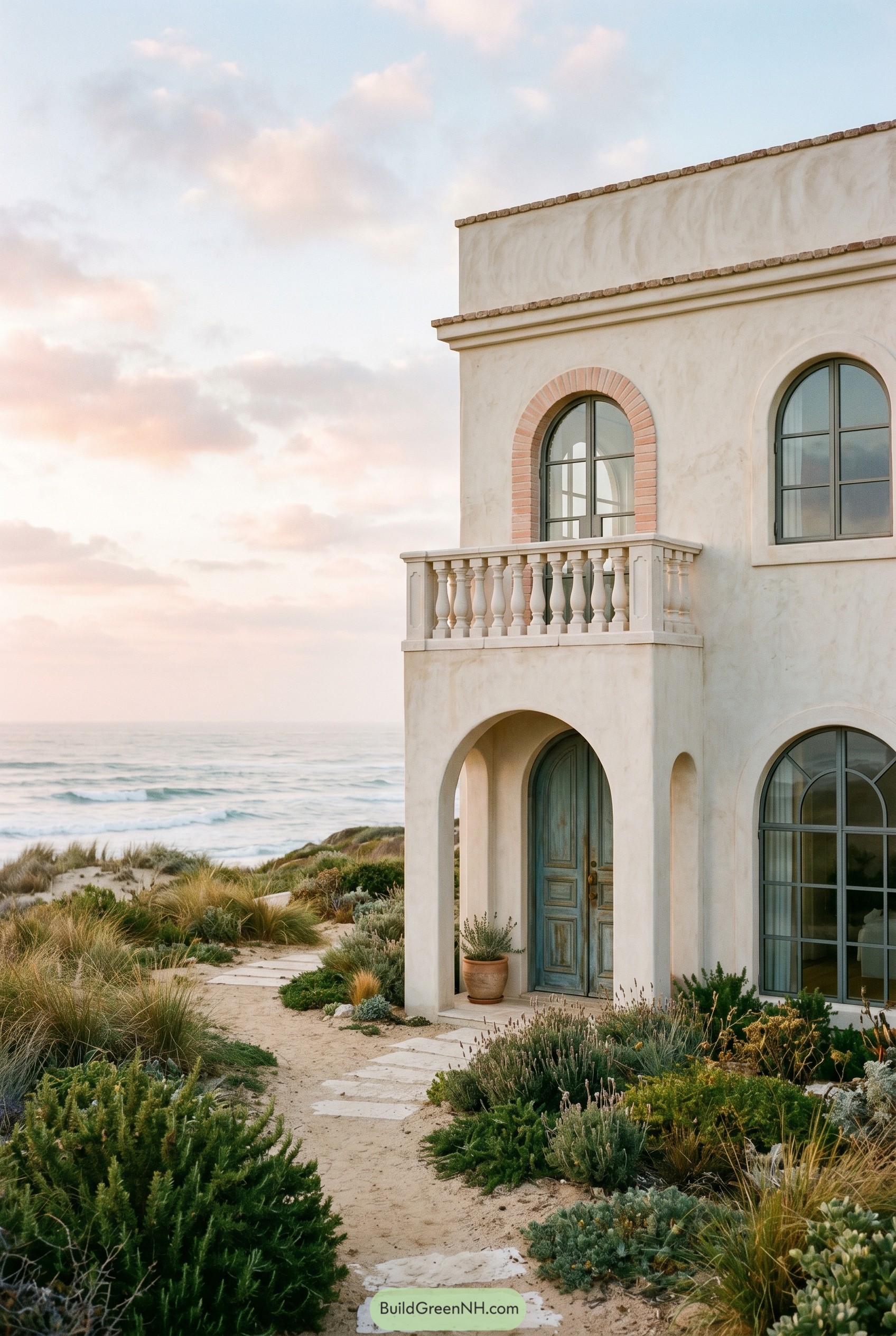 Cream stucco seaside villa with arched windows