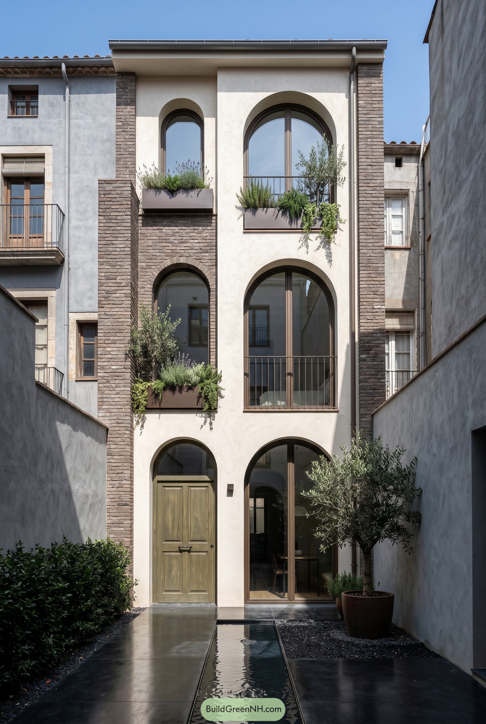 Narrow Mediterranean townhouse with arched windows and courtyard pool