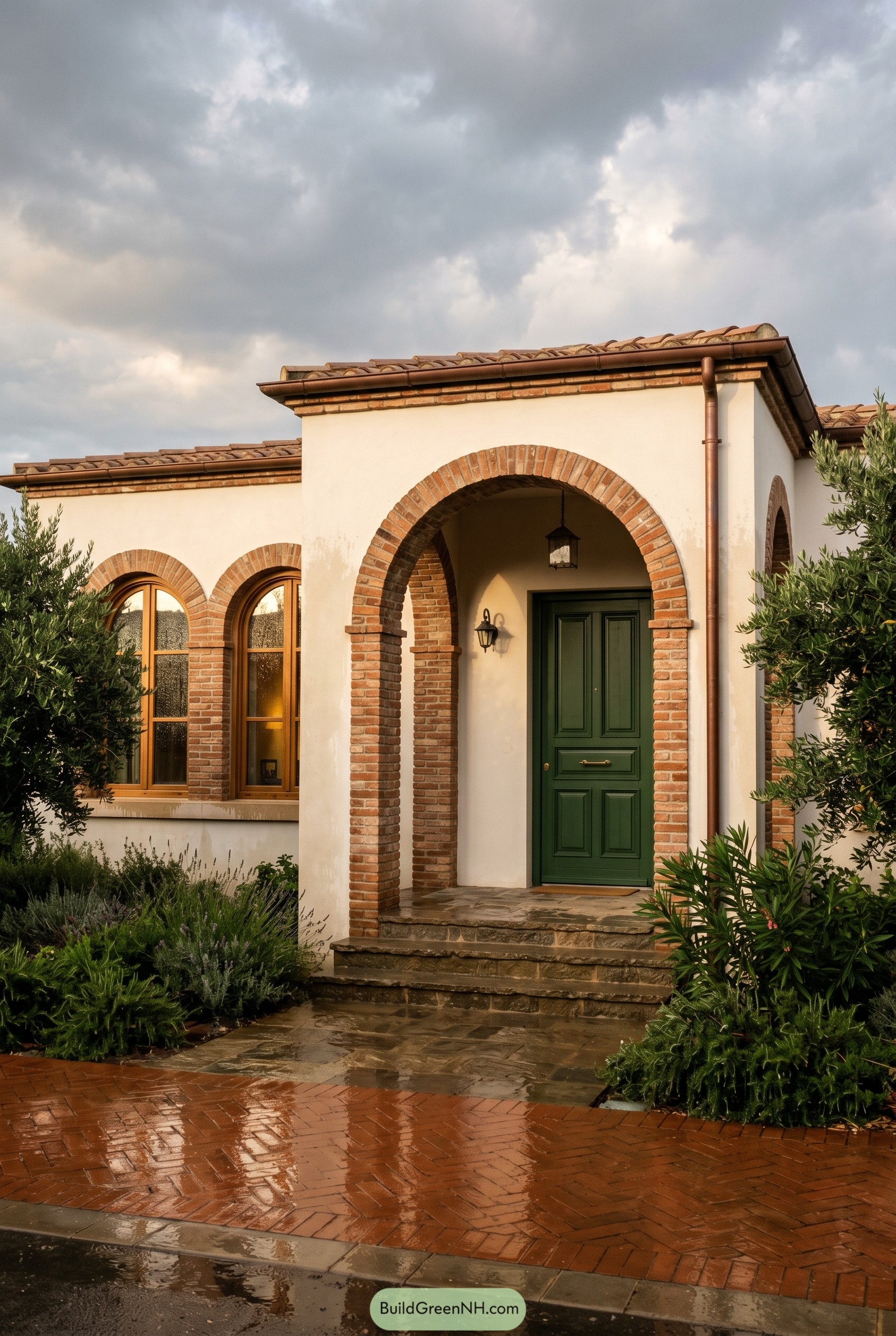 Mediterranean stucco home with brick arches and green door