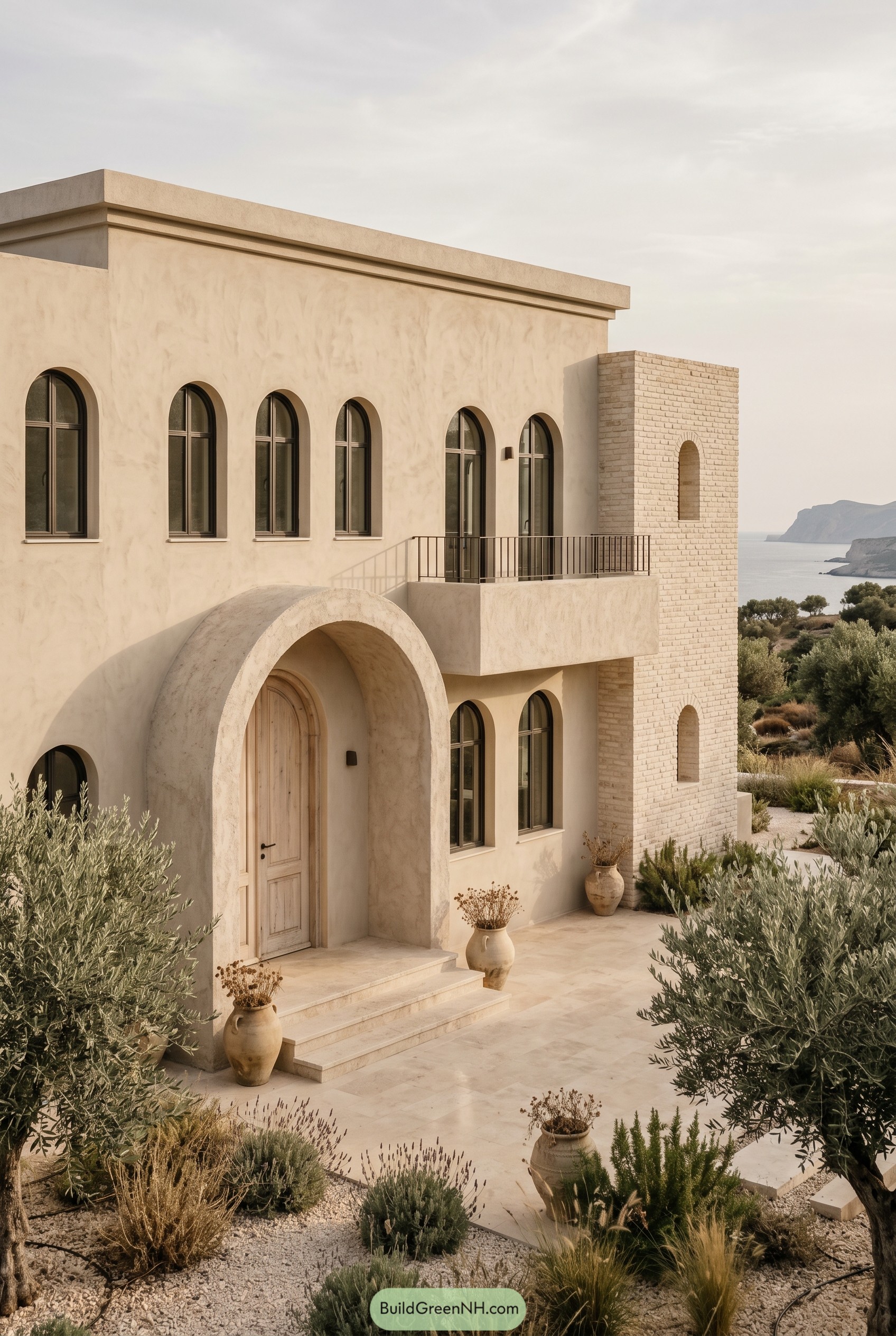 Cream stucco villa with arched windows and sea view
