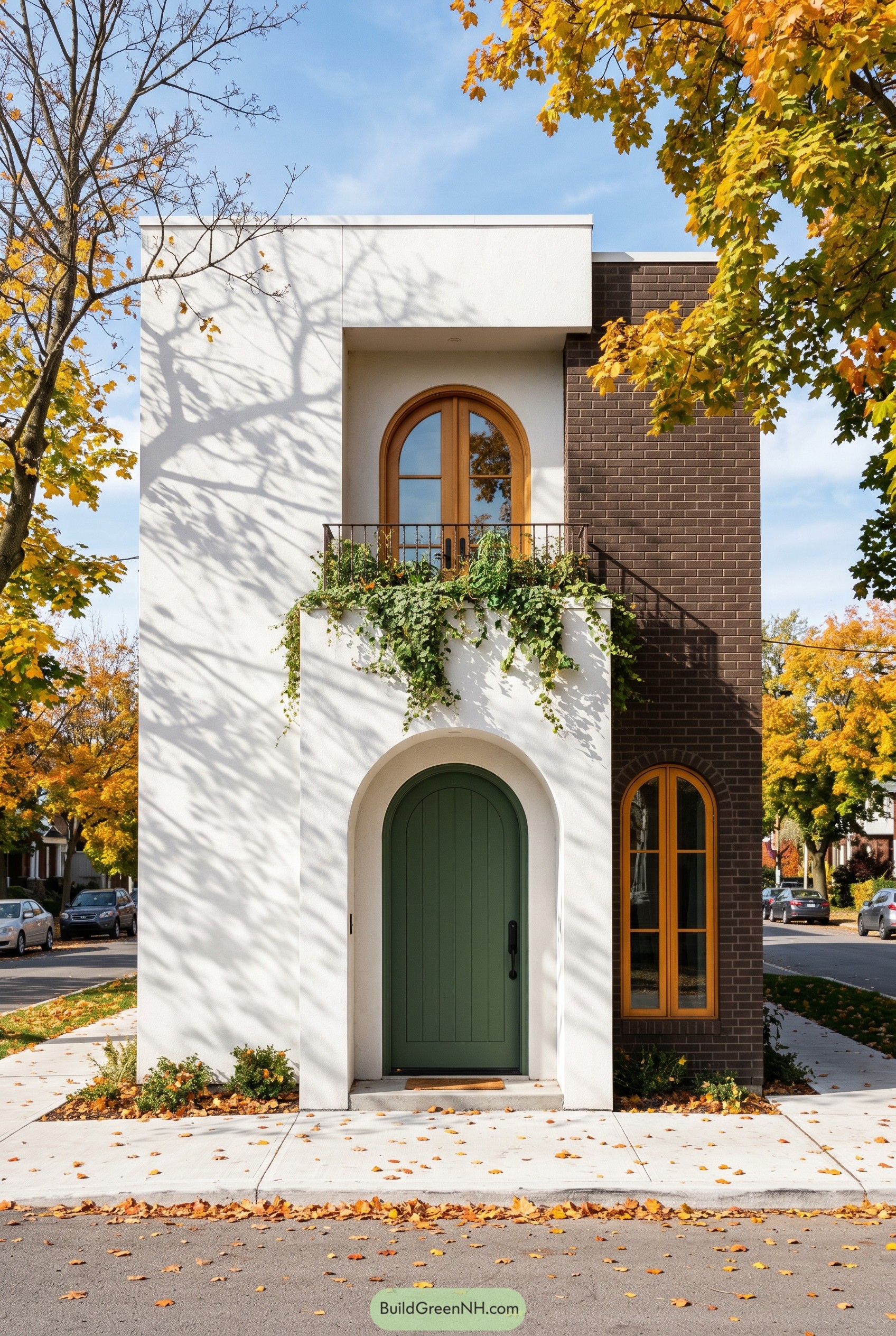 Modern Mediterranean arched house with green door and balcony