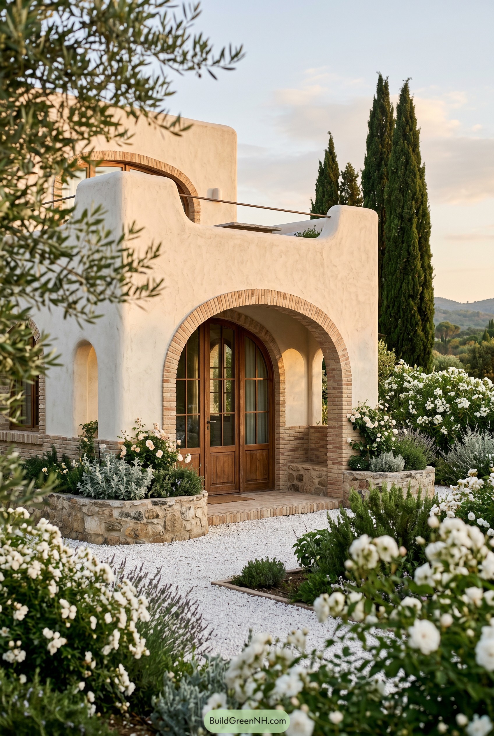 Mediterranean stucco home with brick arches and rose garden