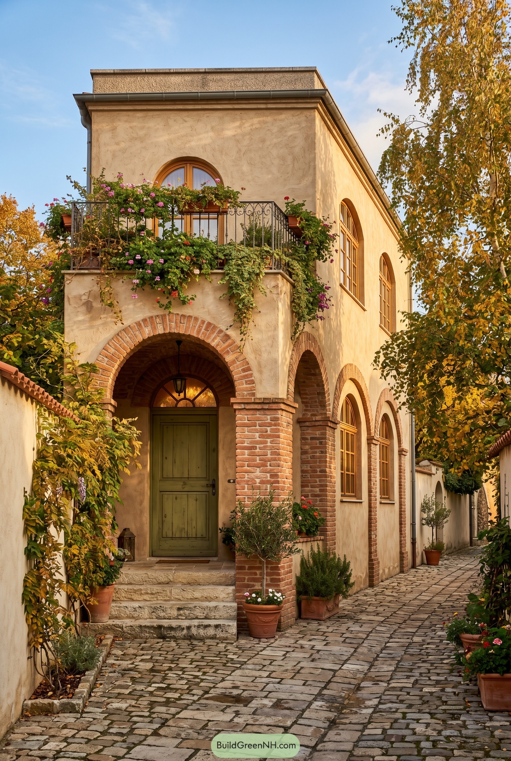 Mediterranean arched house with brick portico and flowered balcony