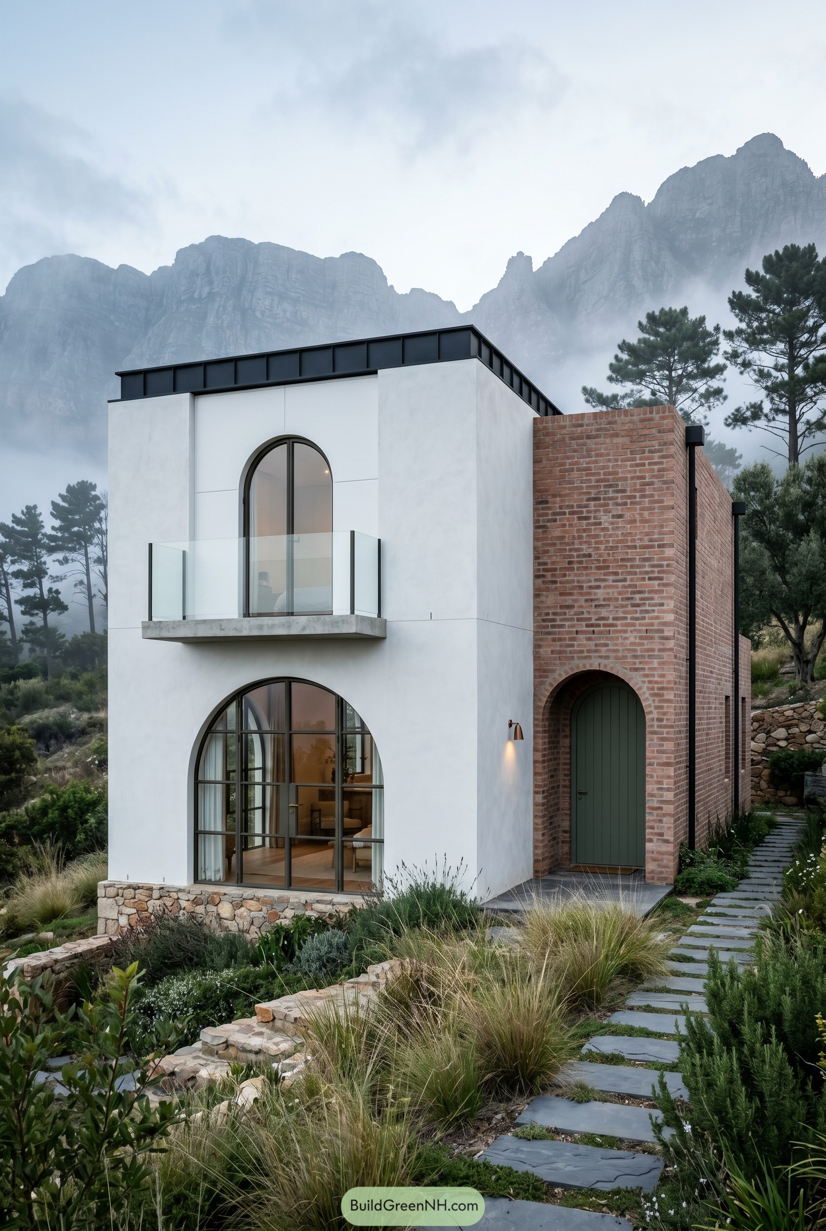 Modern arched stucco and brick house in misty mountains