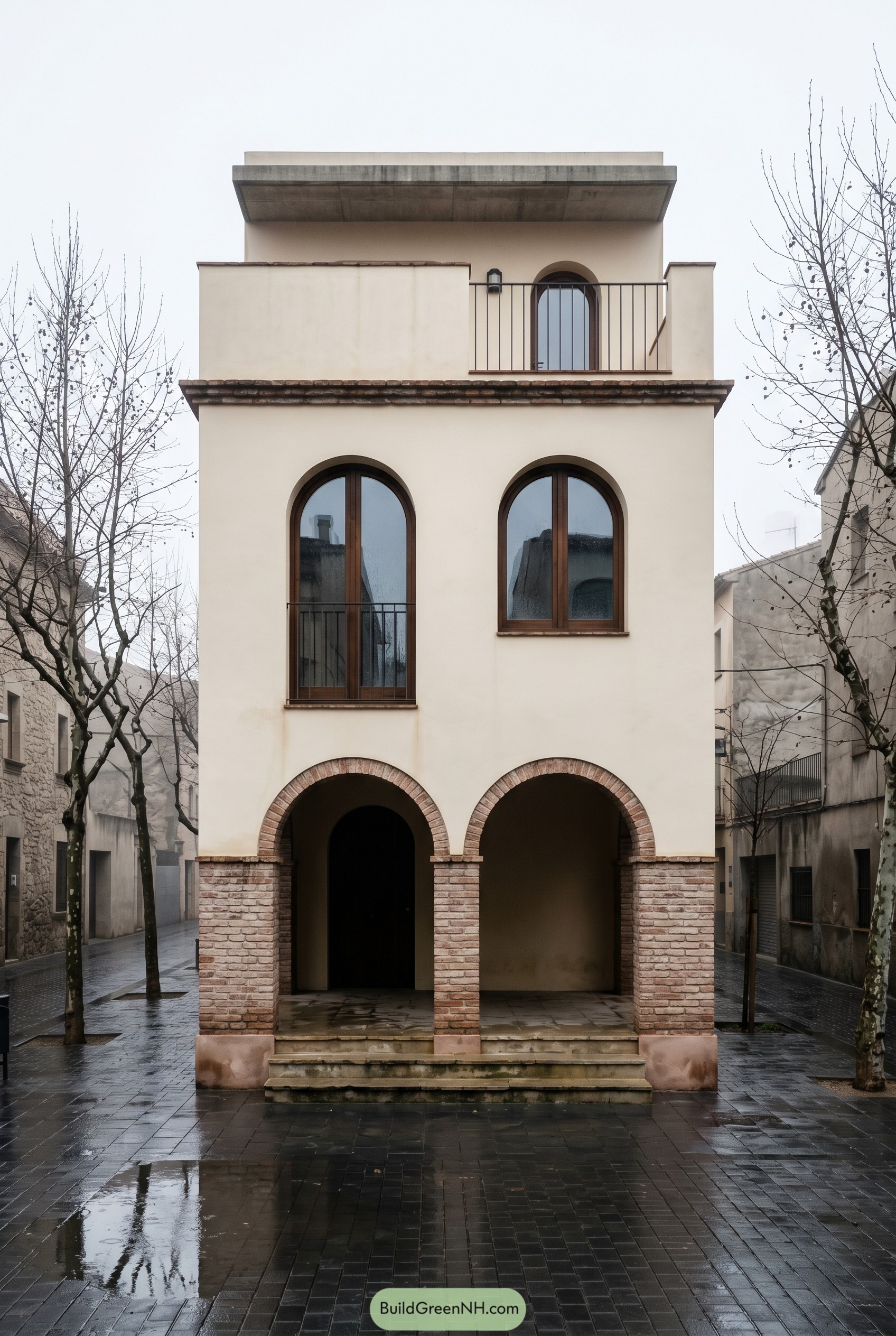 Cream arched townhouse with brick arcades