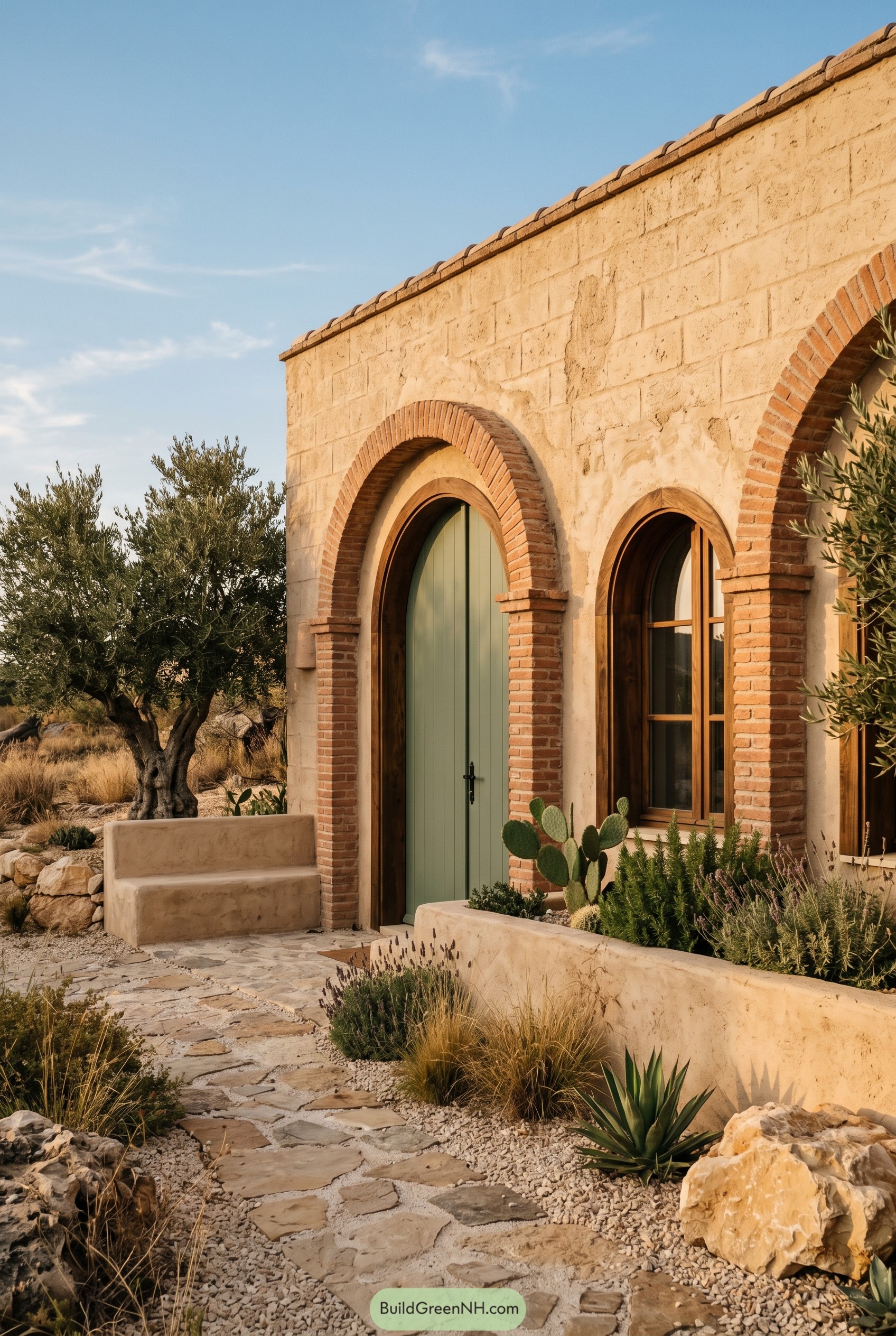 Brick arched Mediterranean house with desert garden