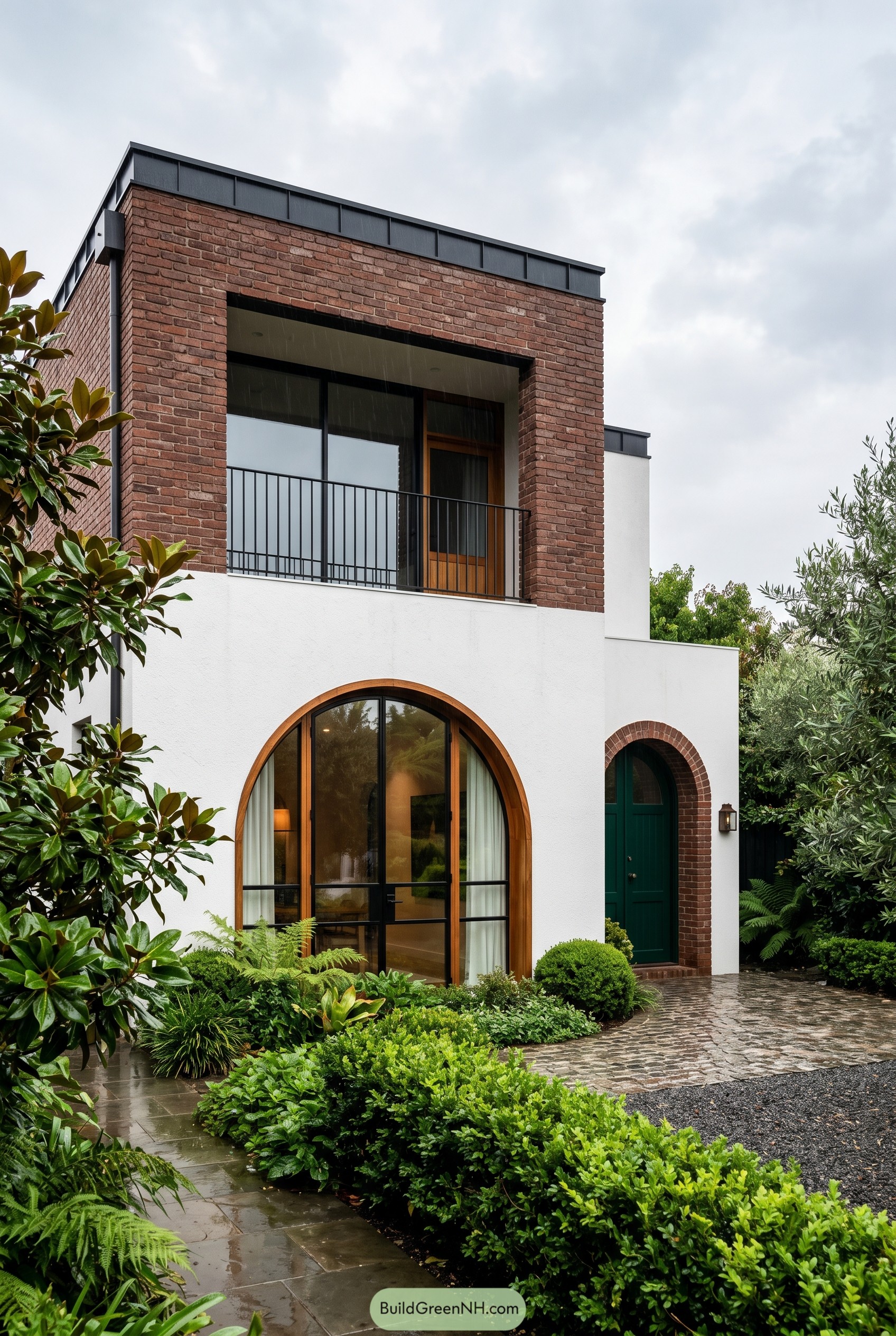 Modern arched brick and stucco house