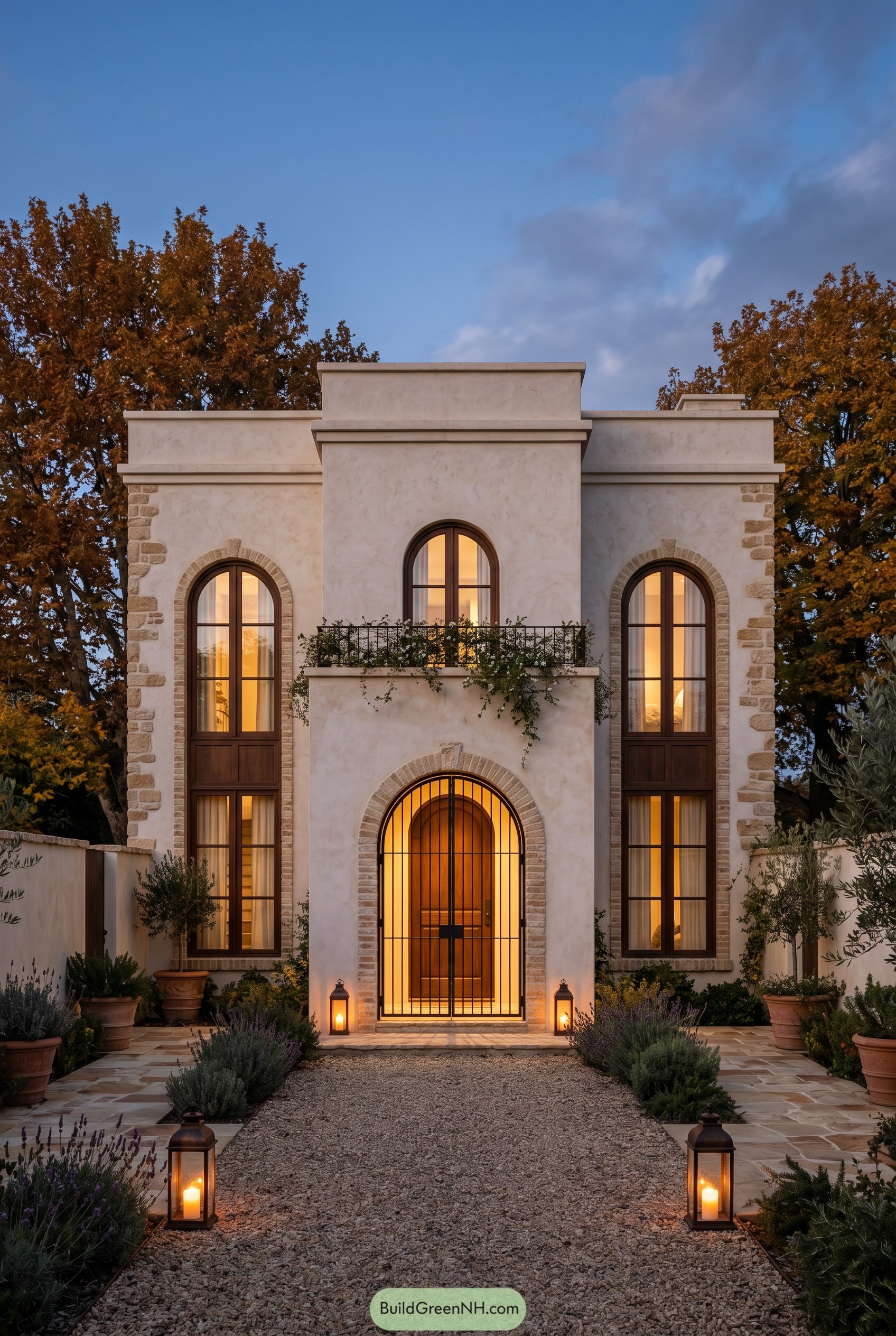 Mediterranean villa with arched entry and stone trim