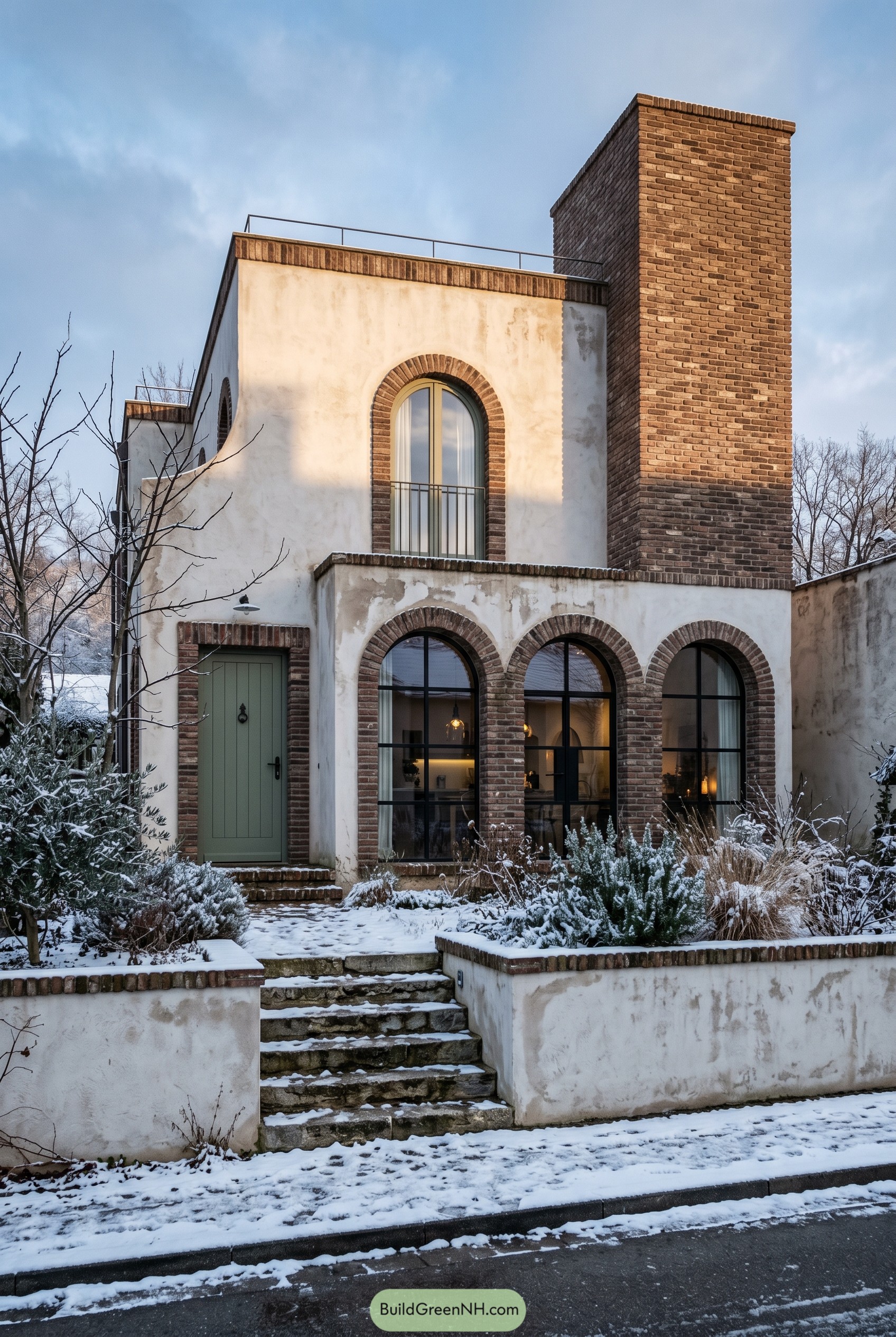 Snowy Mediterranean house with brick arches