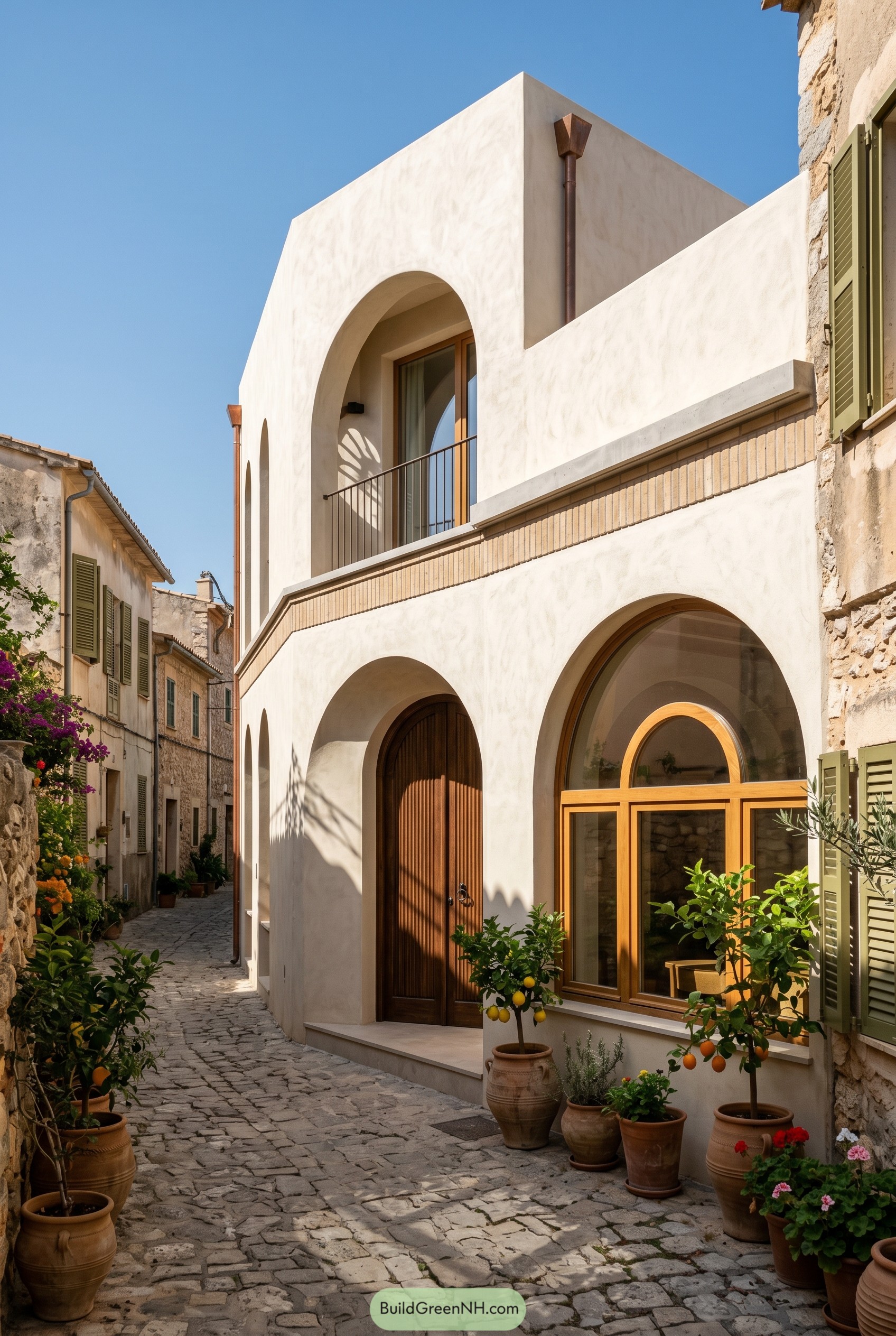 Modern cream arched house on cobblestone lane