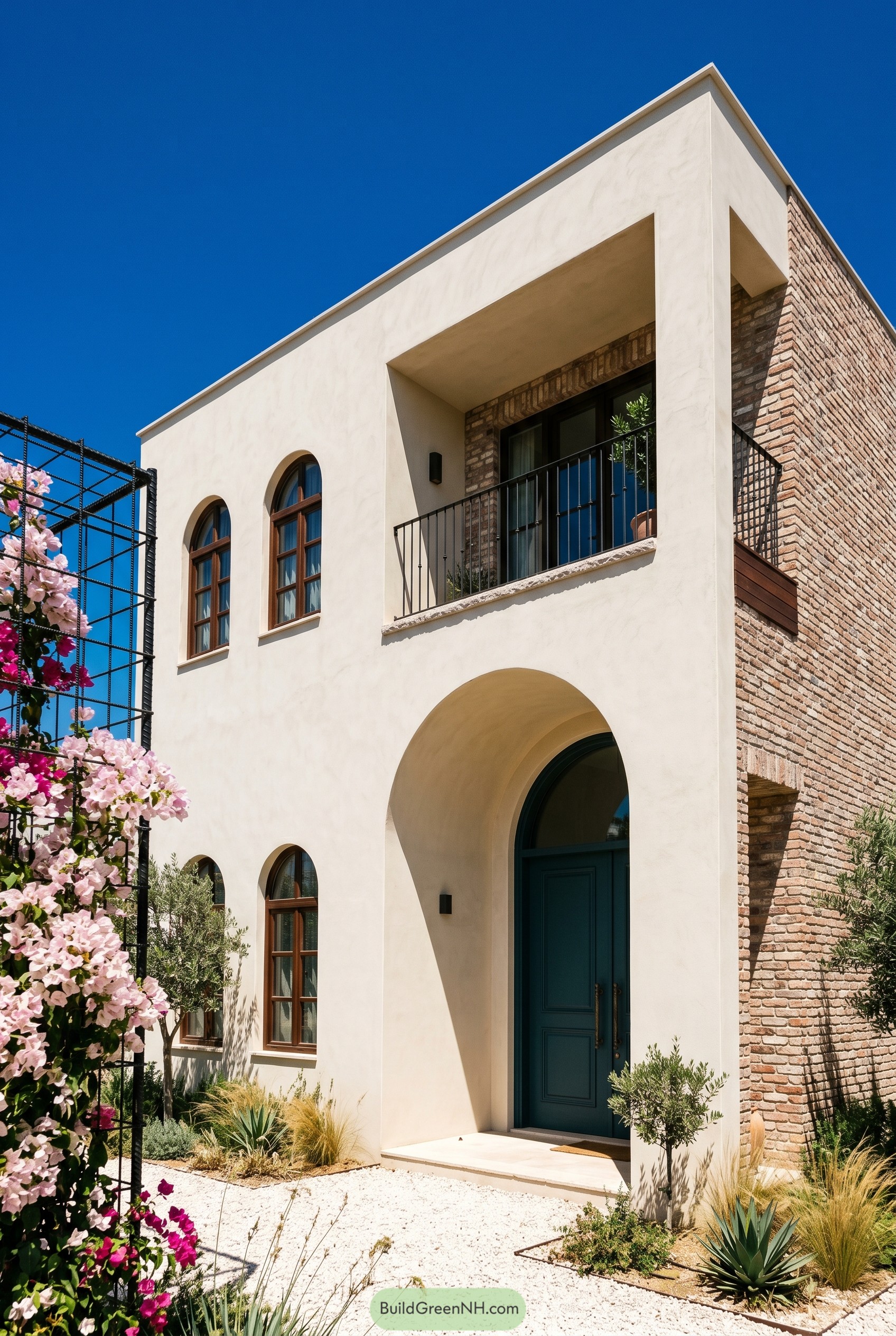 Cream stucco Mediterranean house with teal arched entry