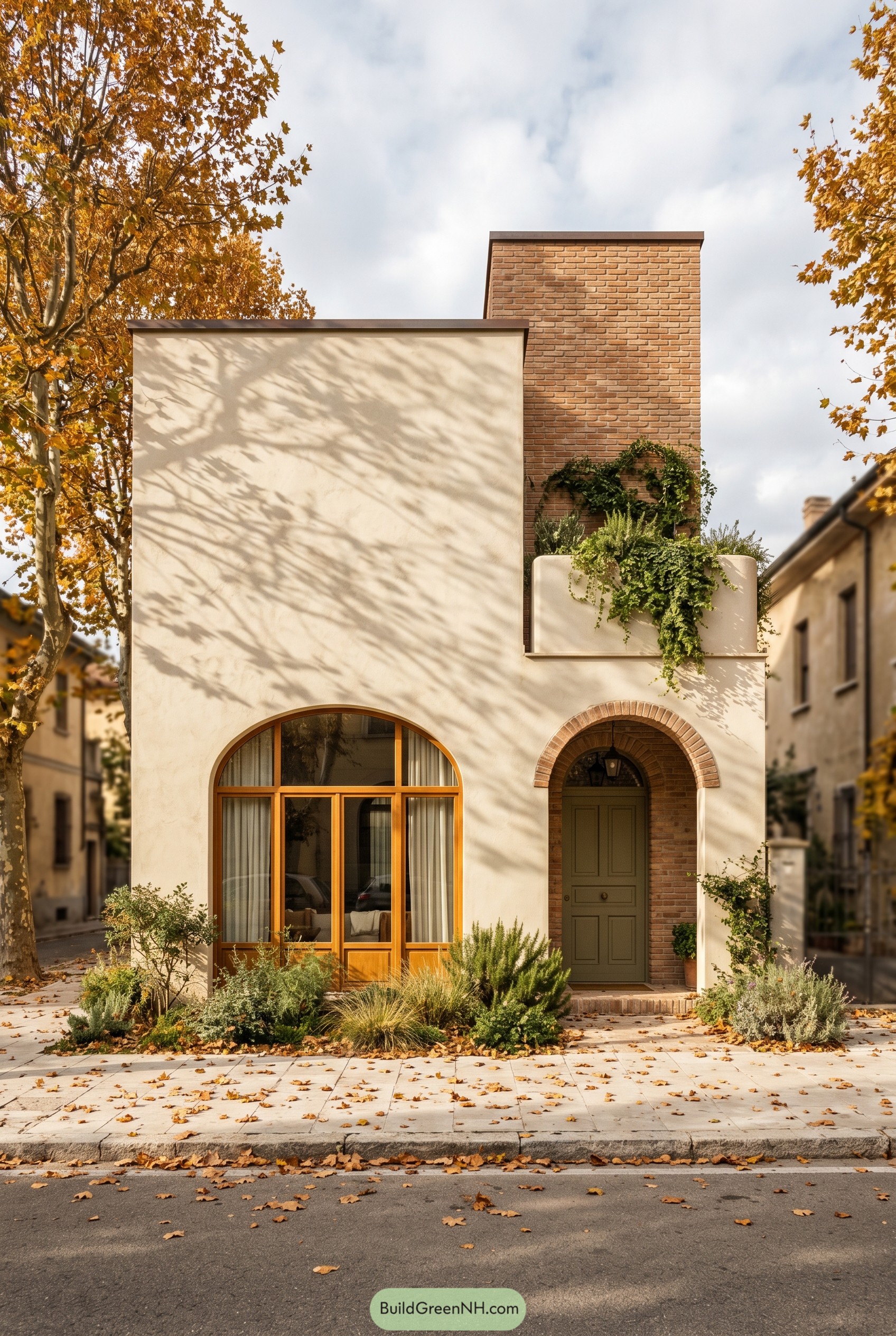 Mediterranean house with arched windows brick entry and greenery