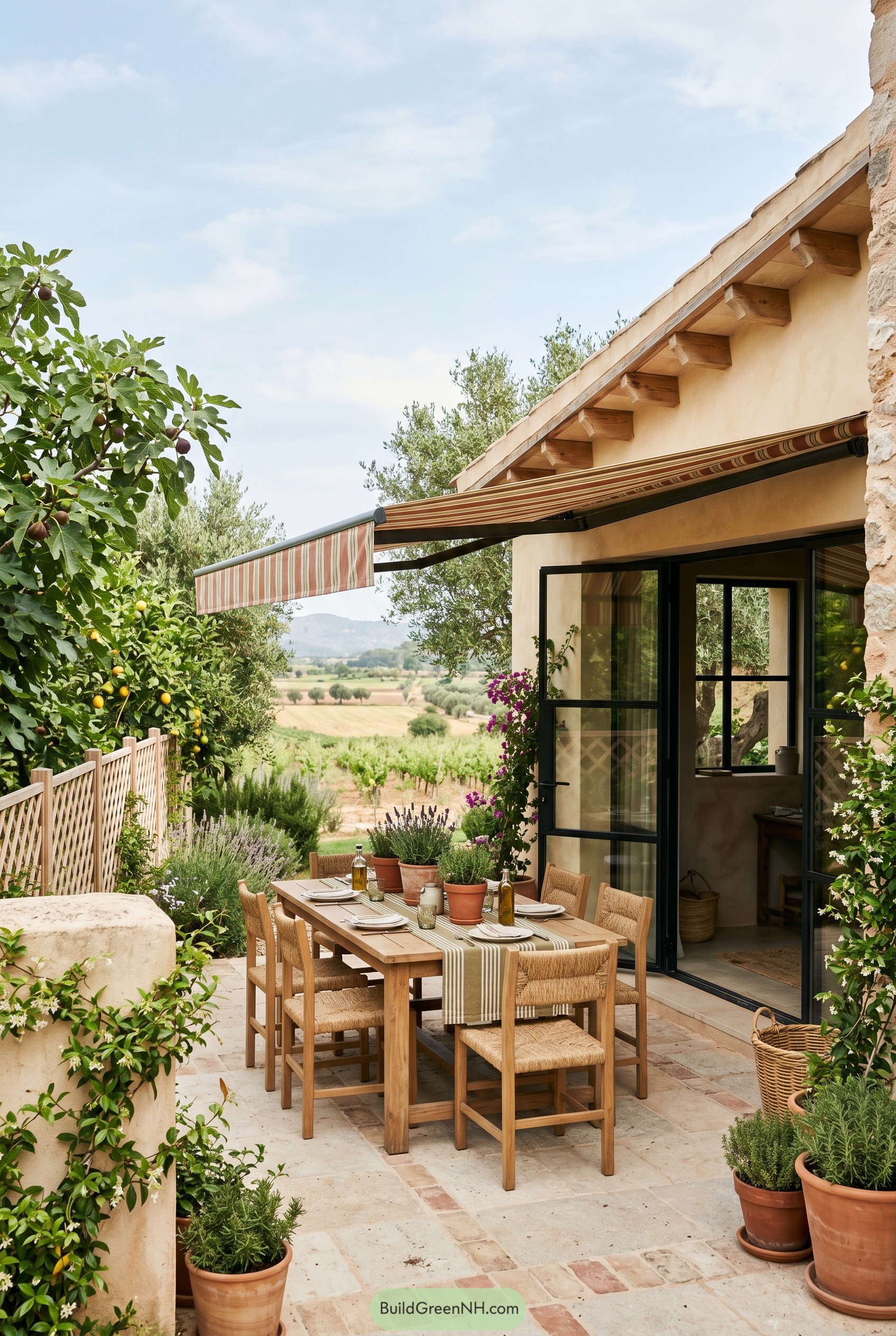 Mediterranean patio dining under striped awning