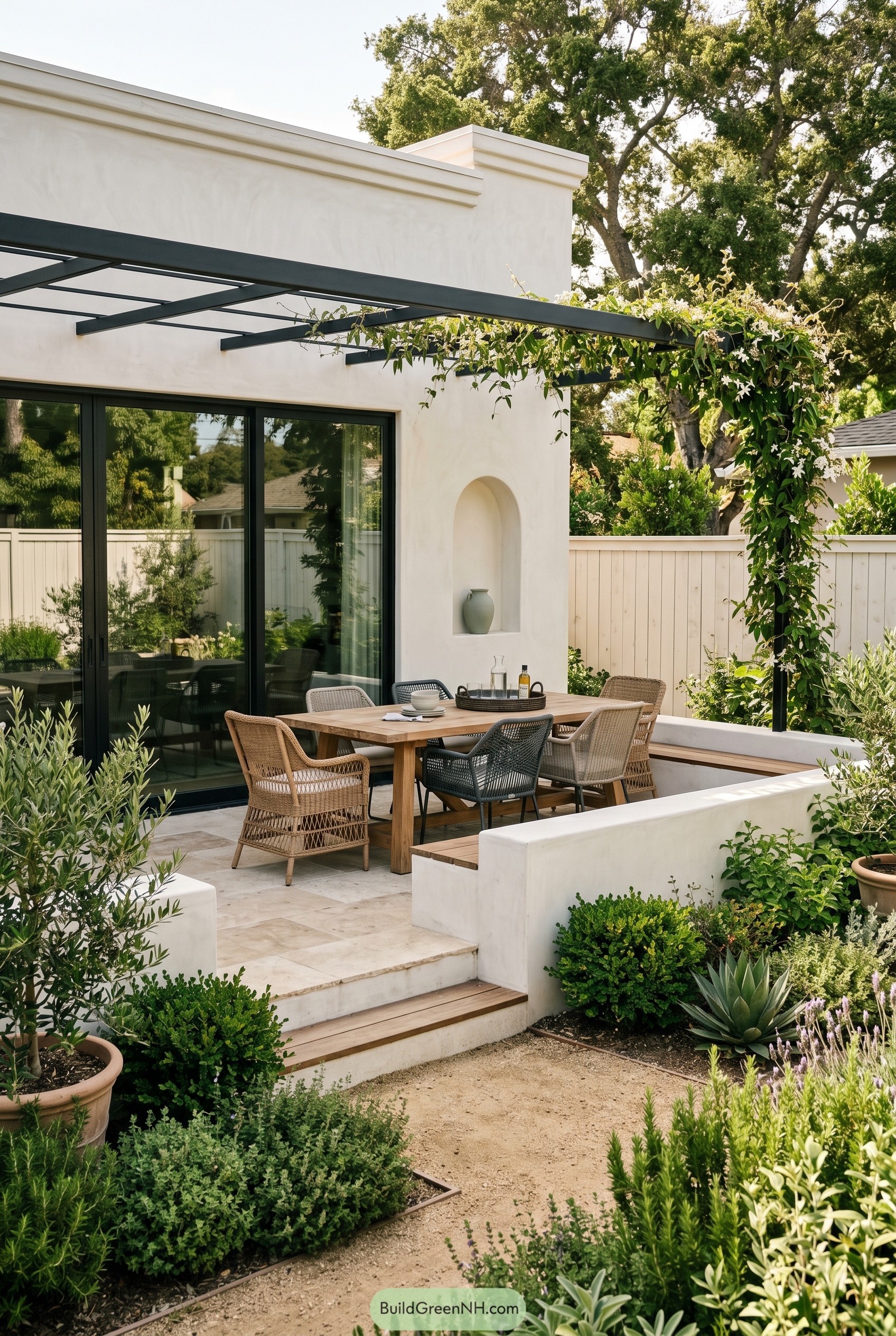 White stucco patio with vine covered pergola and dining table