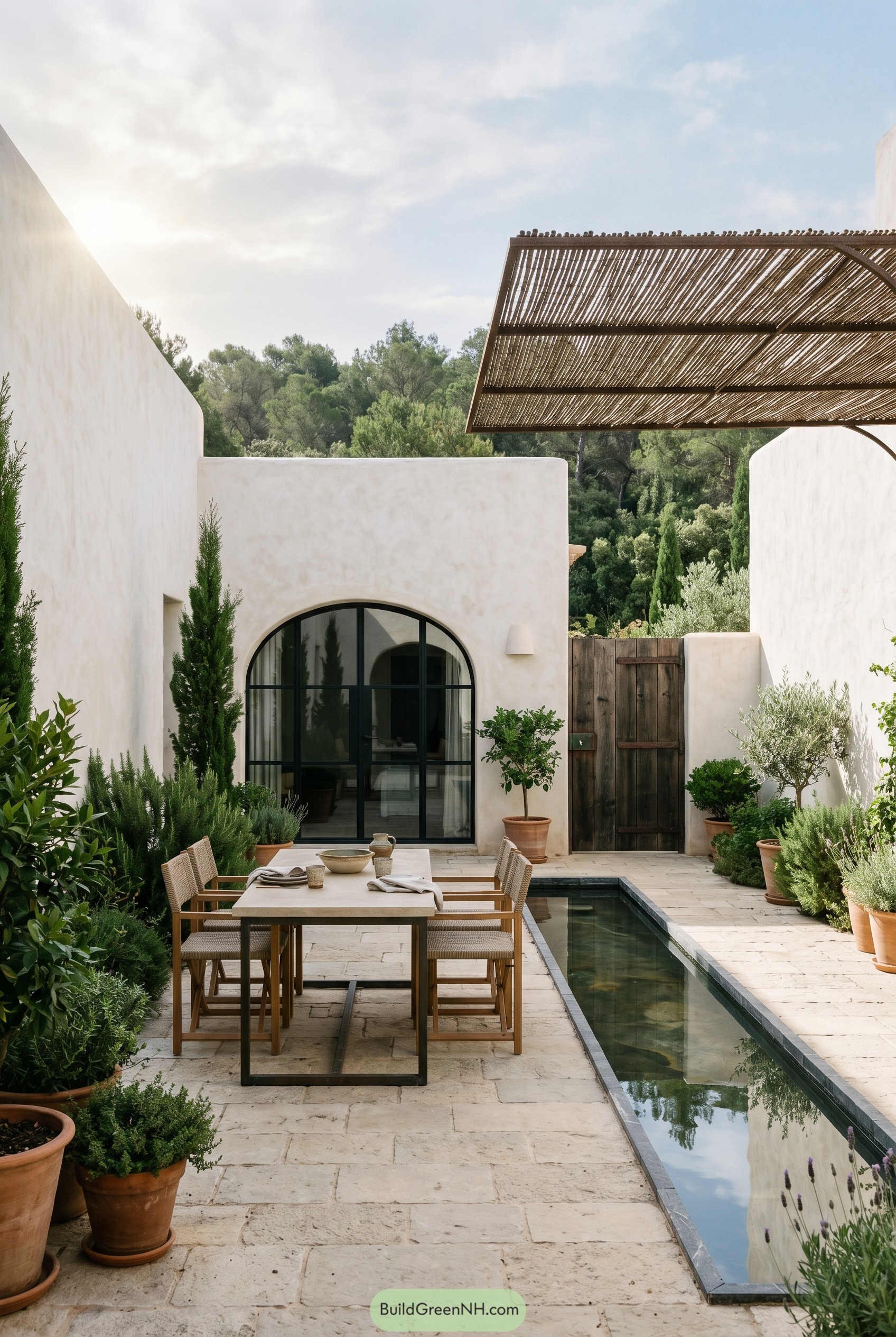 Courtyard dining table beside a narrow reflecting pool