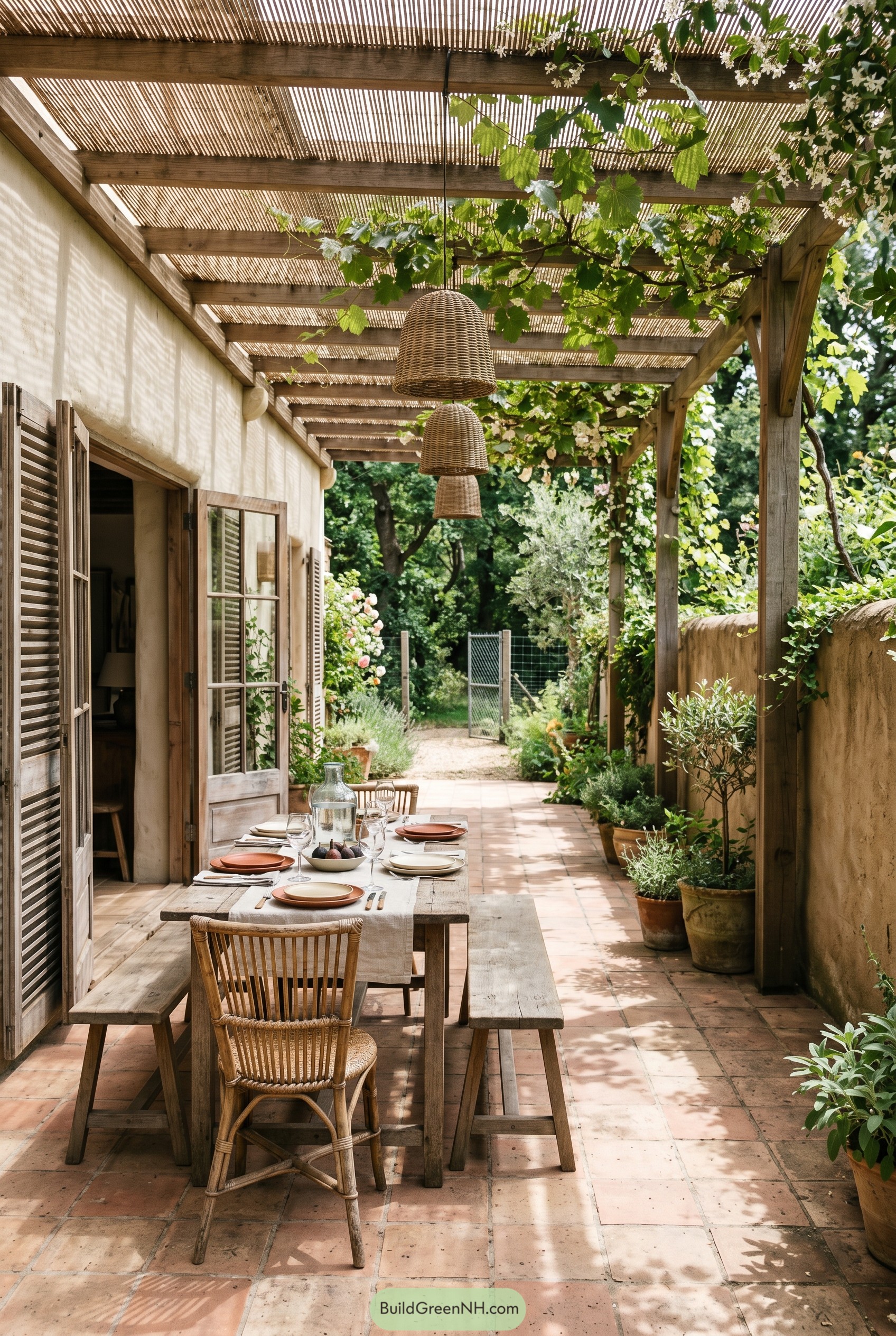 Rustic dining table under a vine covered veranda
