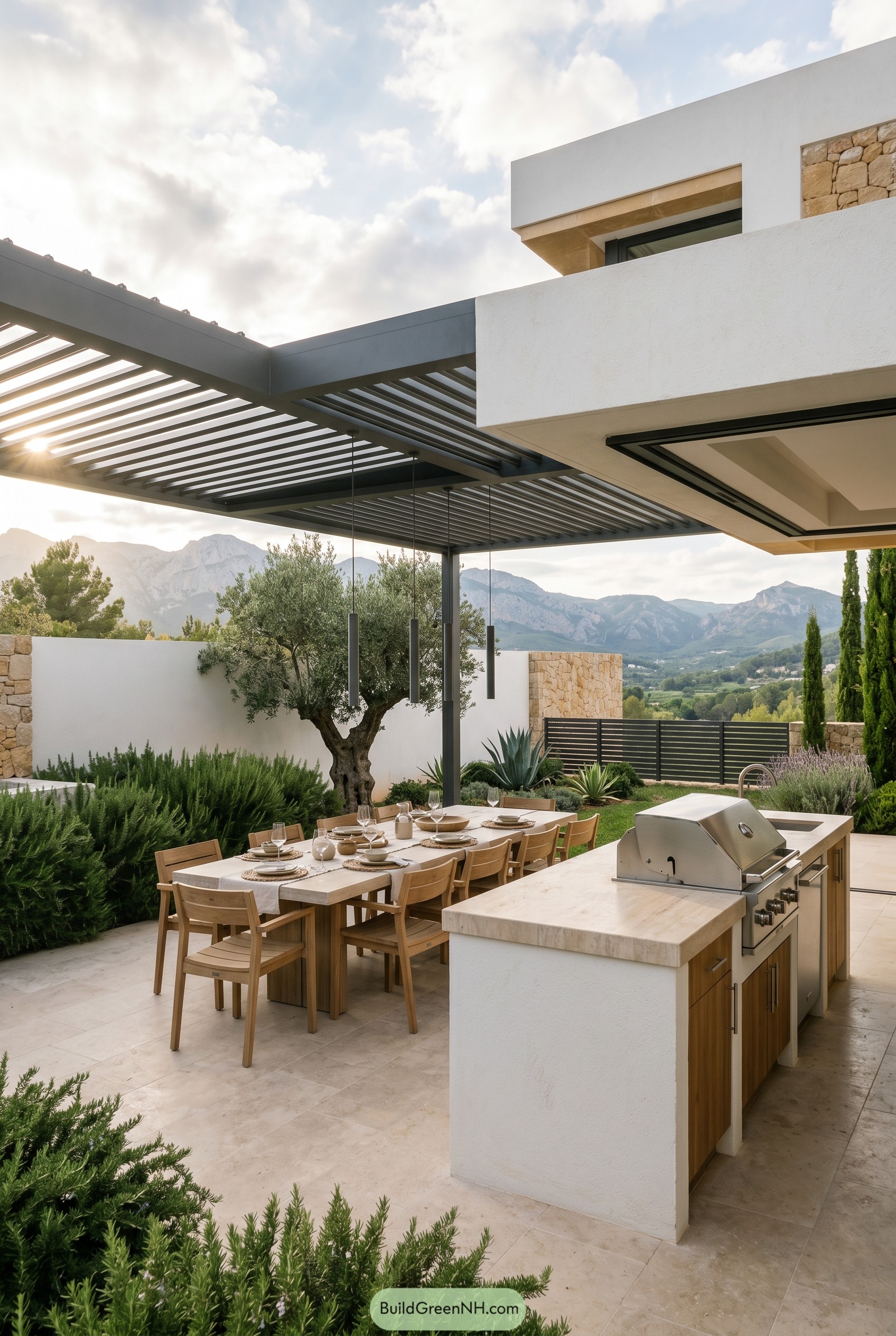 Modern Mediterranean patio with pergola dining and grill