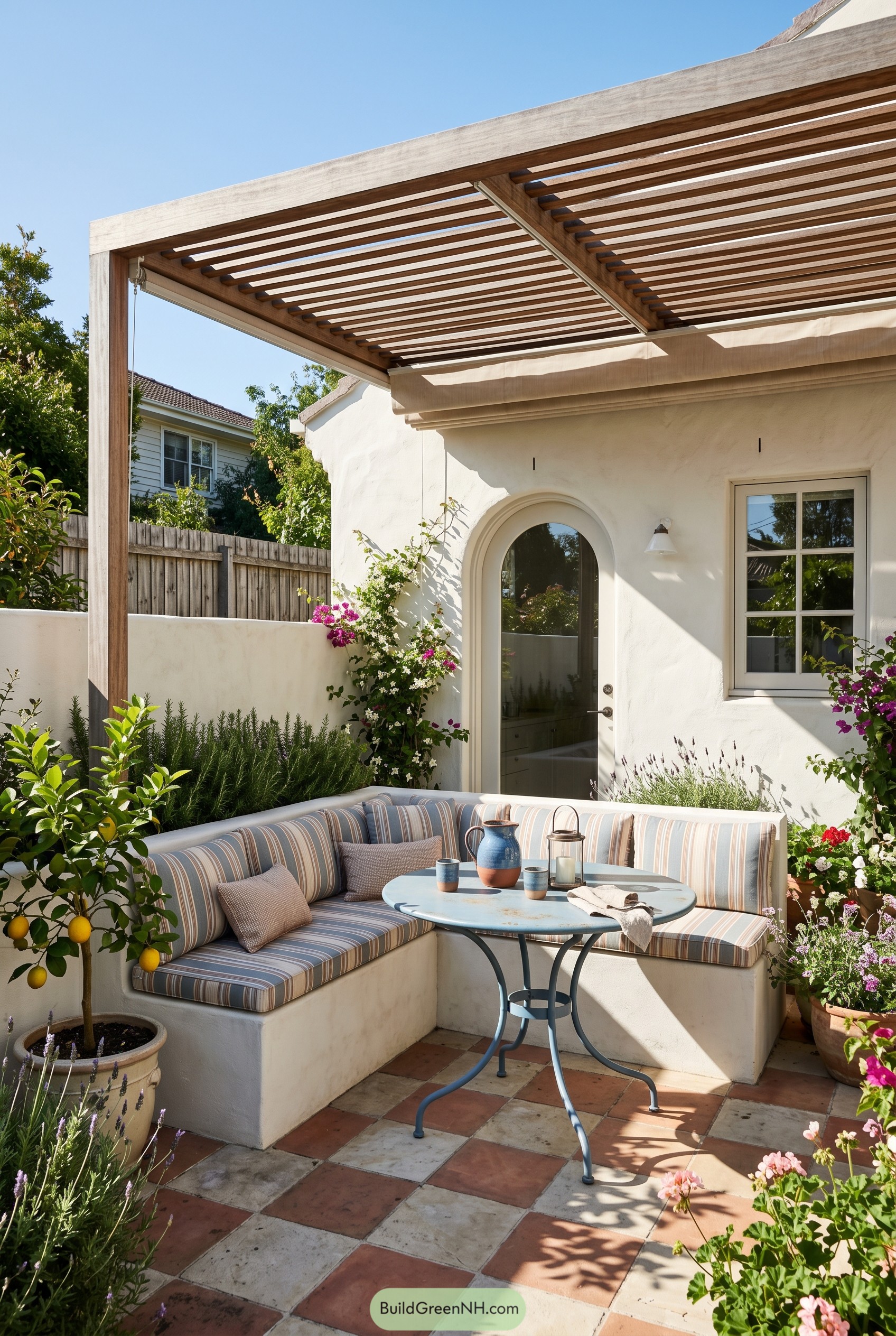 Mediterranean patio with striped banquette under wood pergola