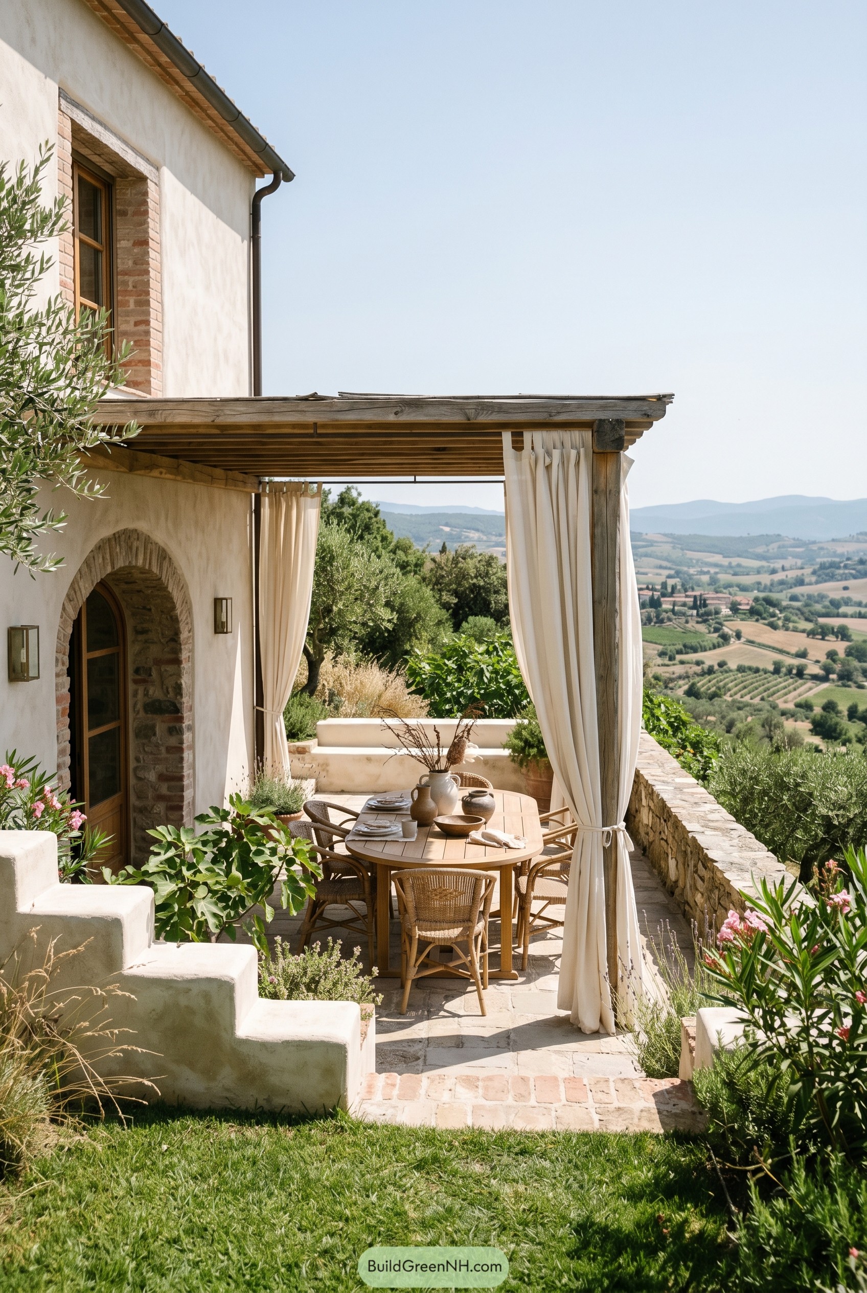 Curtained pergola dining terrace overlooking rolling hills