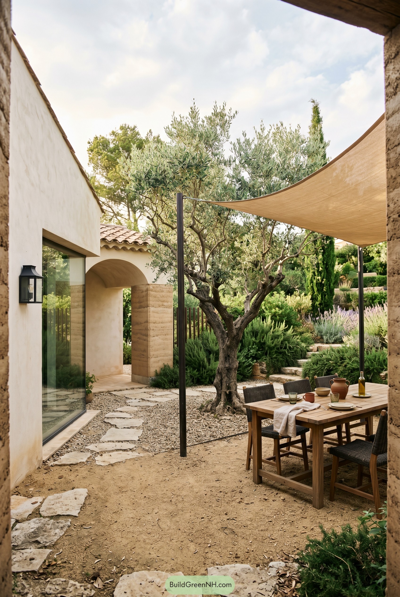 Mediterranean courtyard dining area with sail shade and olive tree