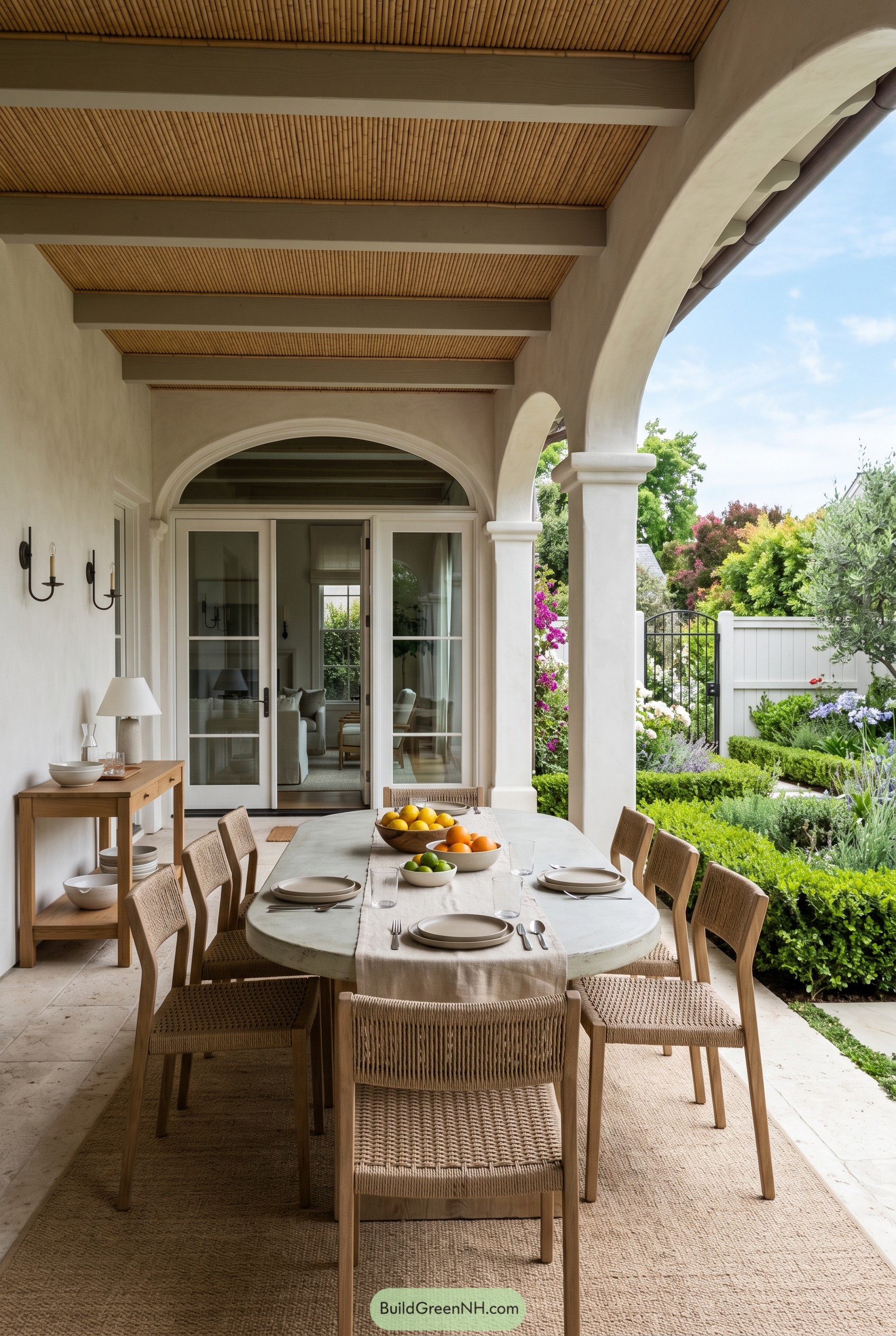 Covered arched patio with oval dining table