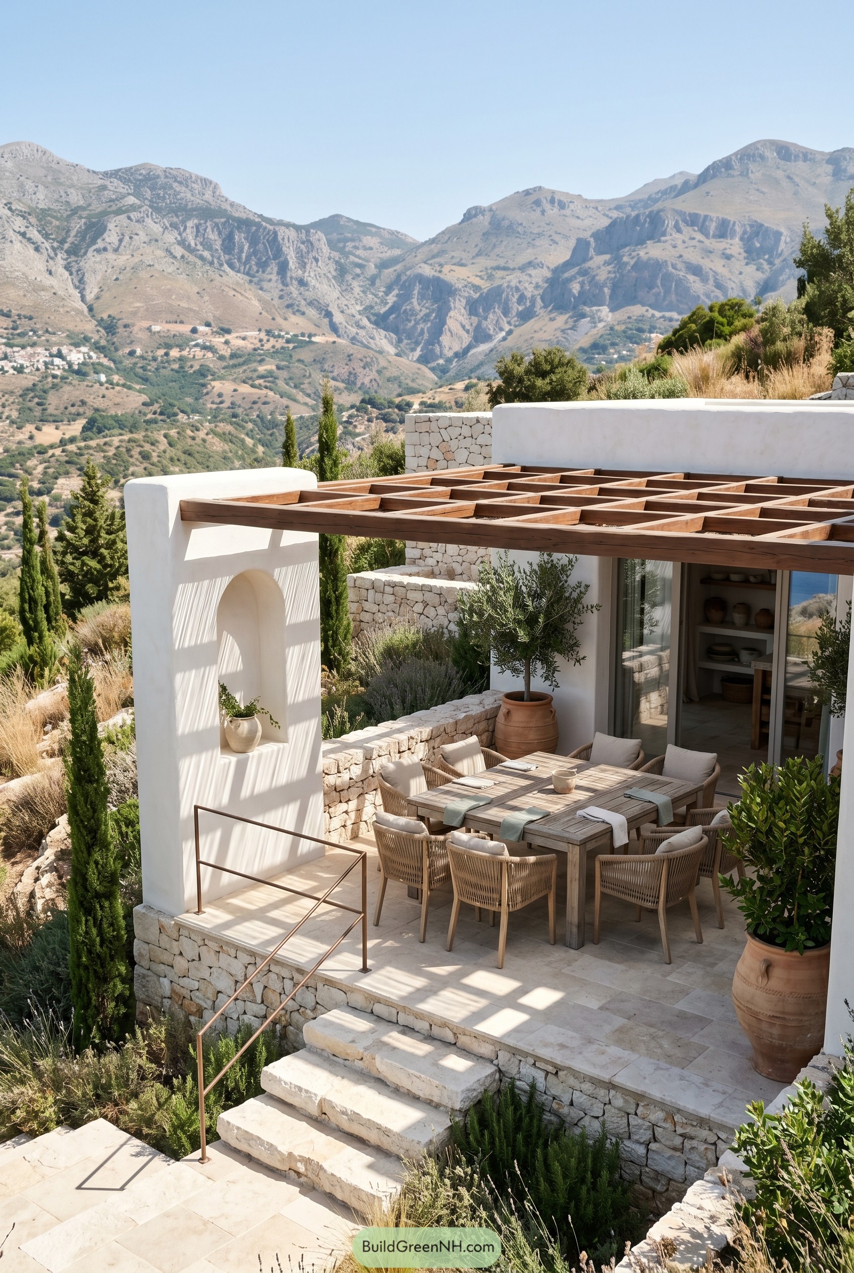 Pergola dining terrace overlooking rocky mountains