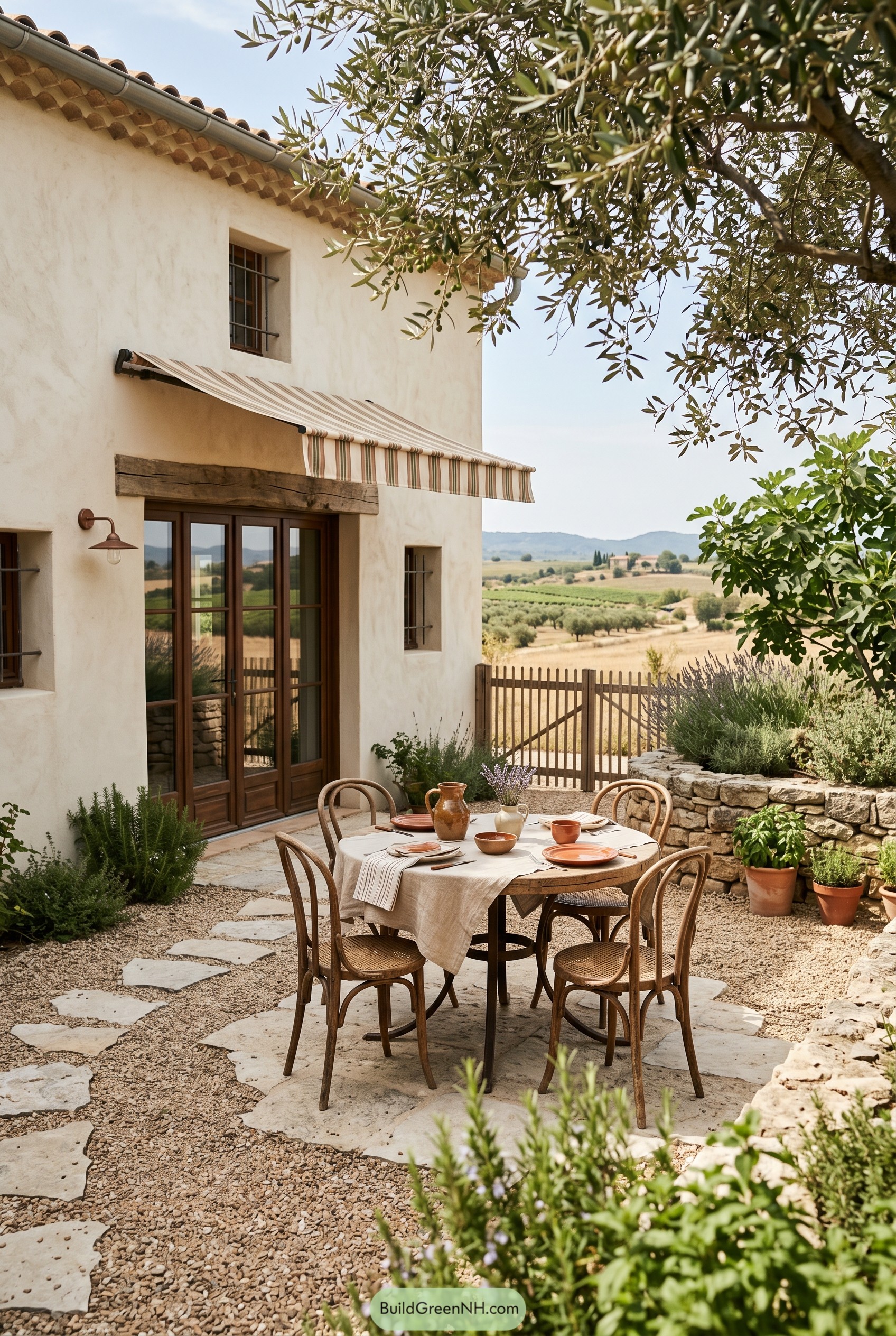 Round dining table on gravel patio beside stucco villa
