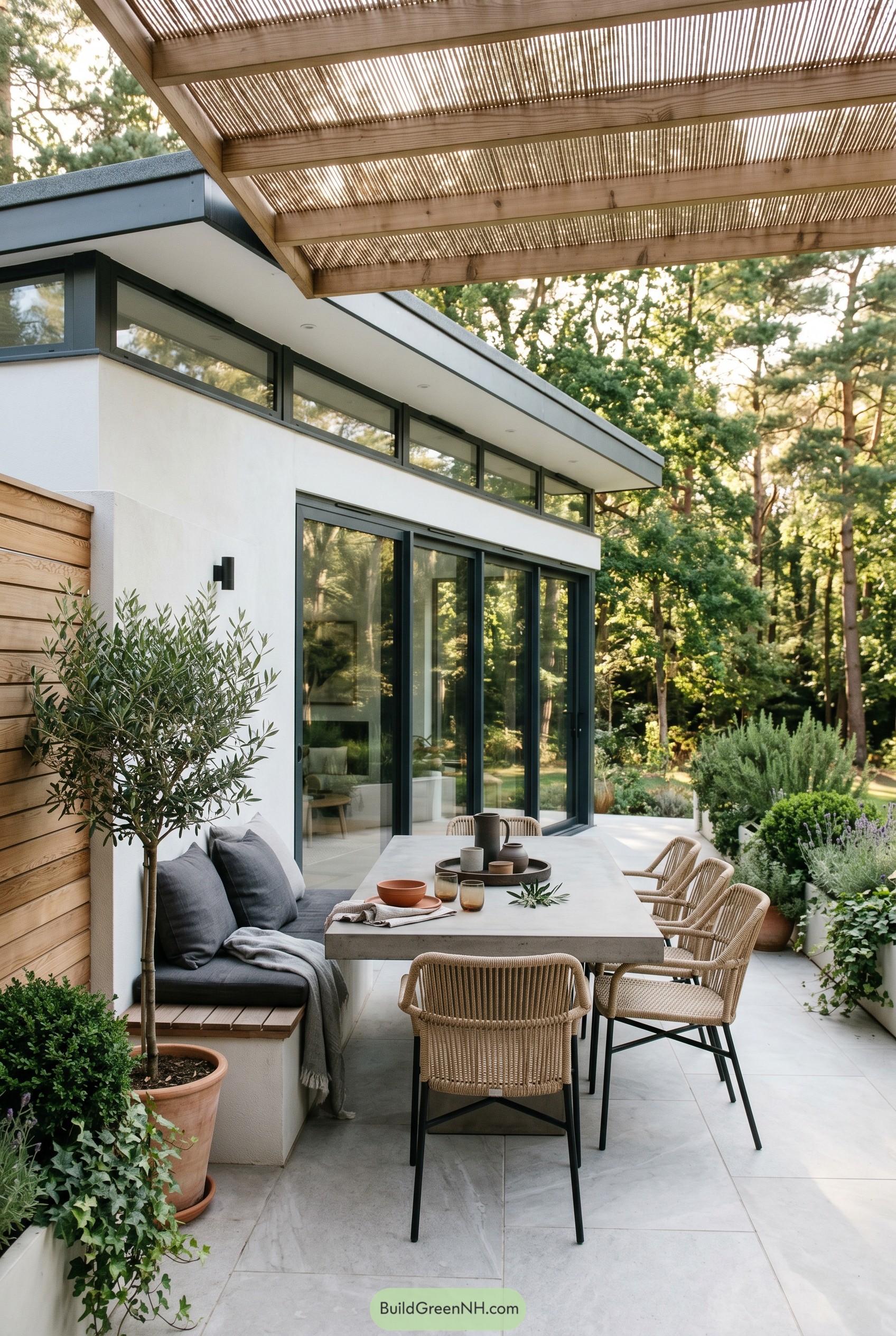 Modern patio dining under slatted pergola