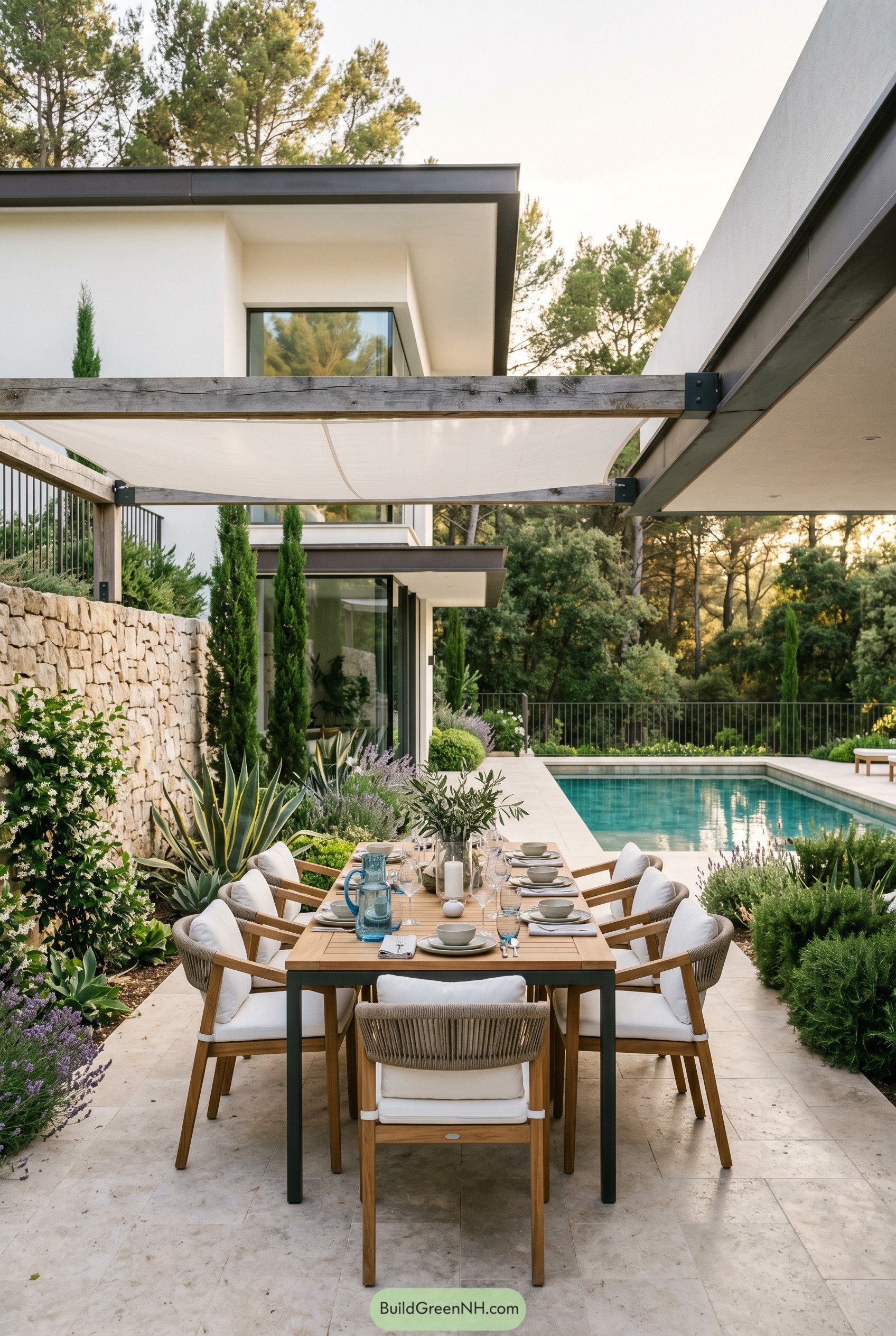 Modern poolside dining table beneath sail shade