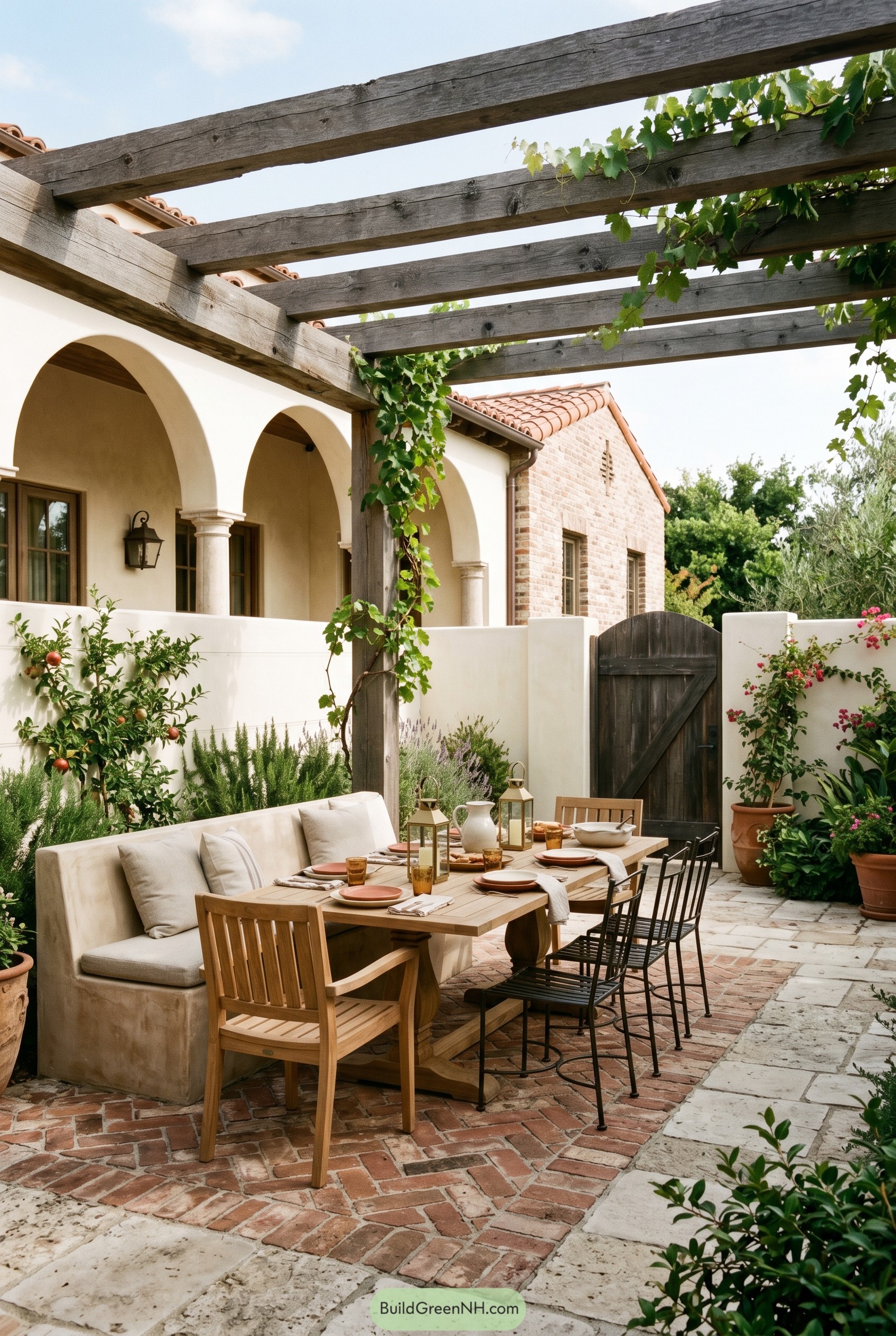 Stucco courtyard dining under a timber pergola