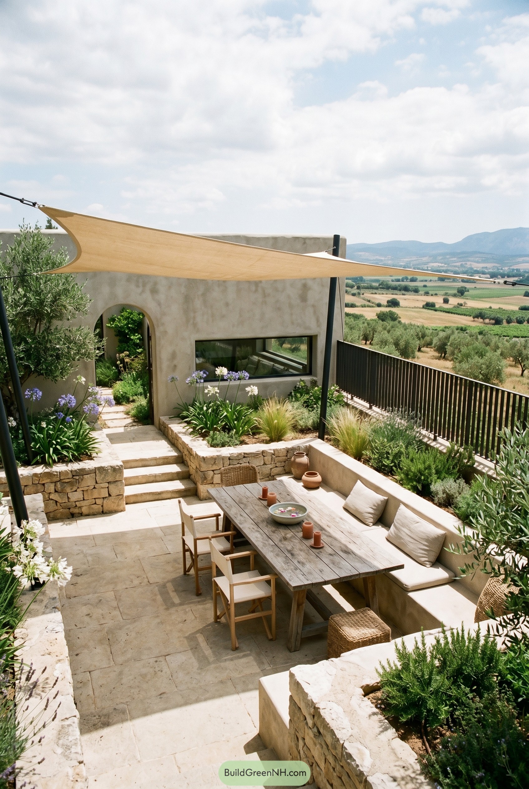 Mediterranean dining terrace with shade sail and bench