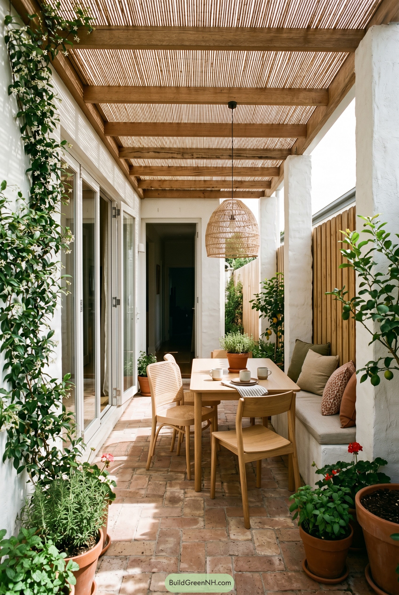 Narrow Mediterranean patio with bench dining under a slatted canopy