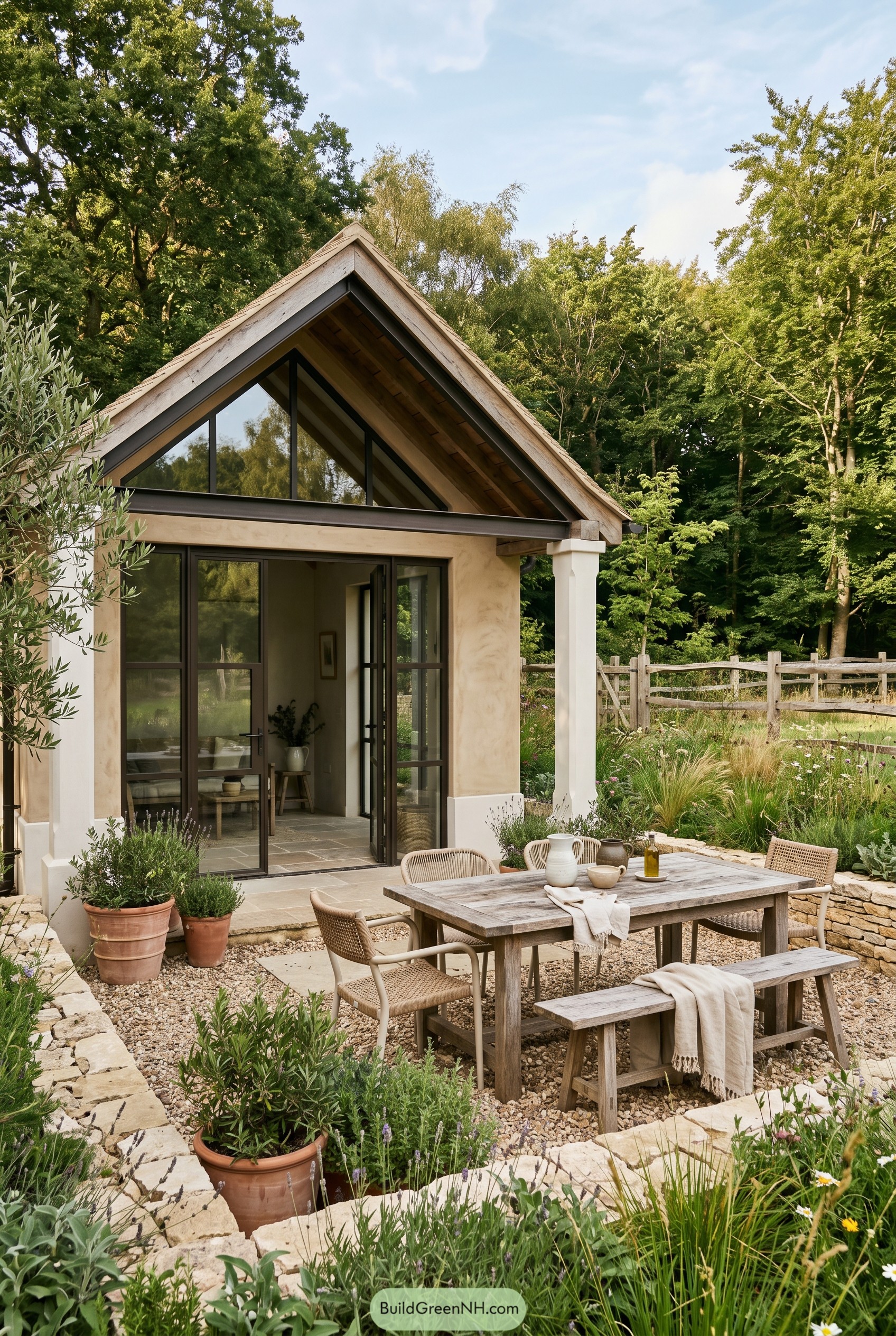 Stucco garden cottage with gravel dining patio