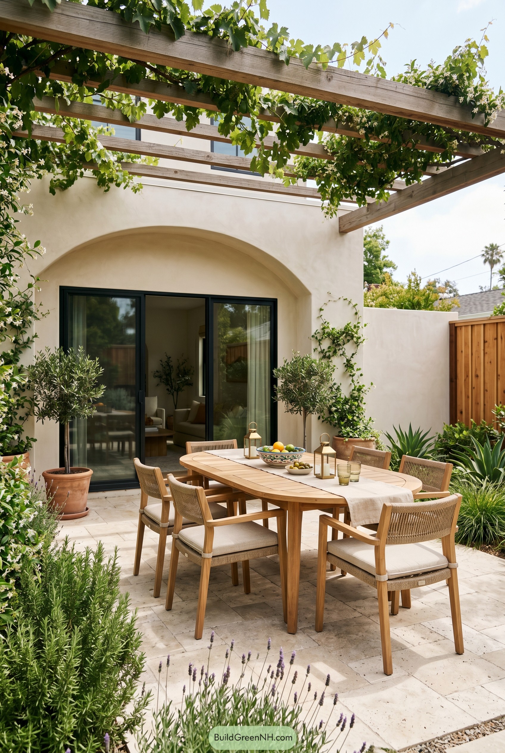 Mediterranean patio dining set beneath vine pergola