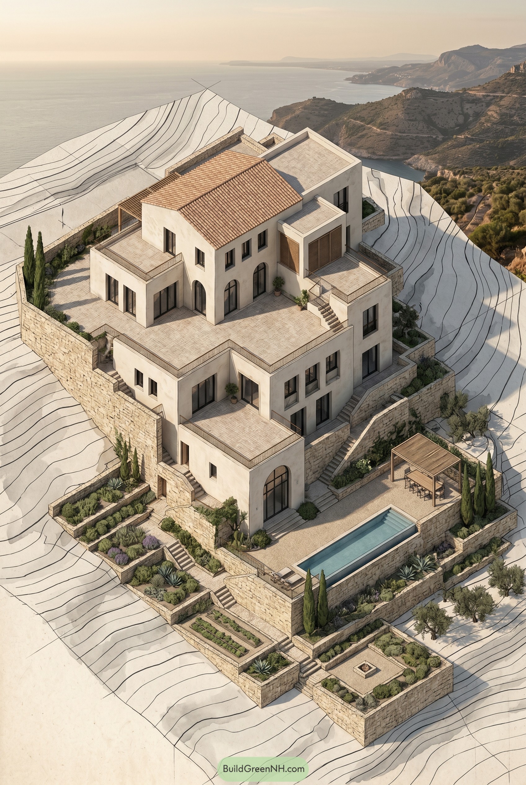 Terraced Mediterranean estate overlooking the coast