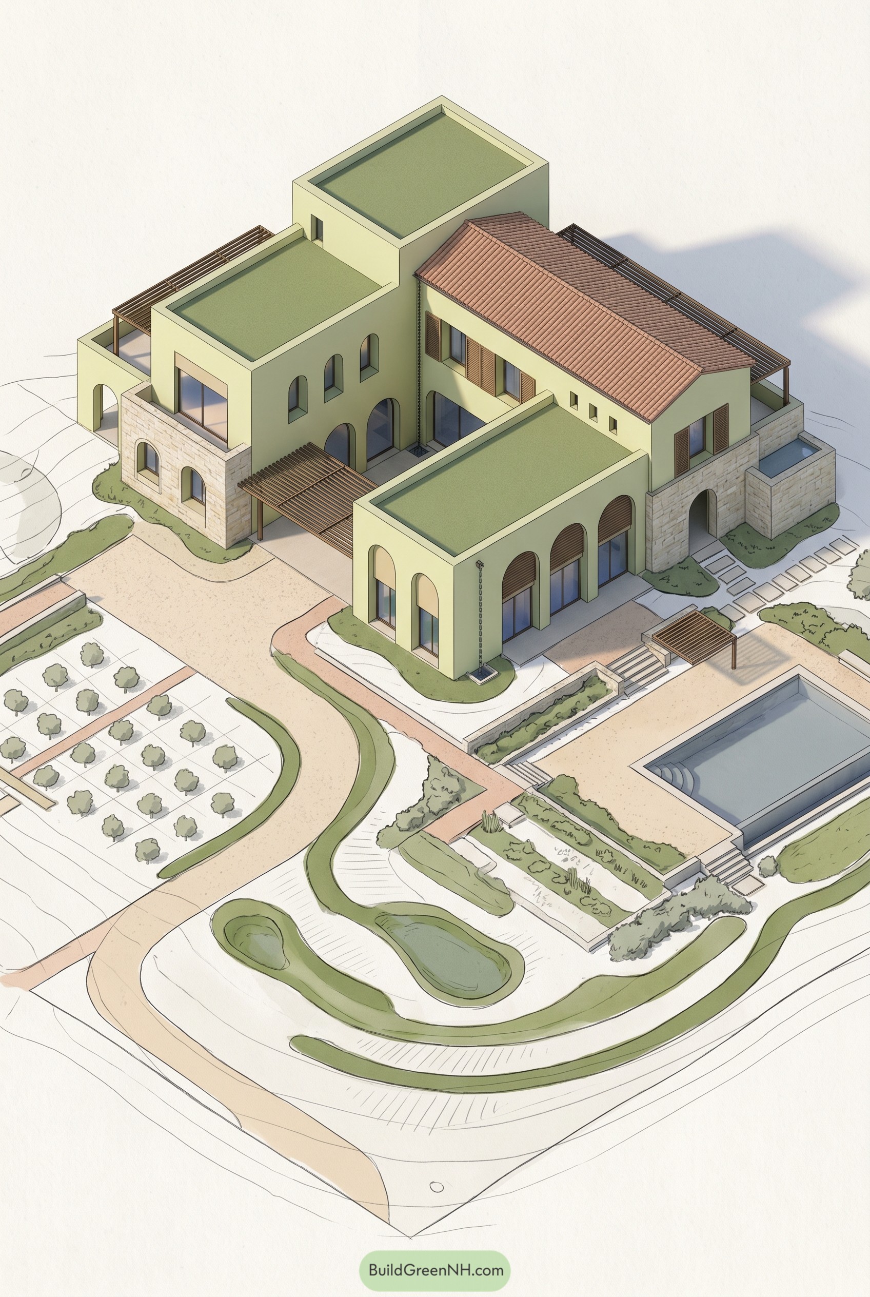 Mediterranean estate with arches shutters and pool