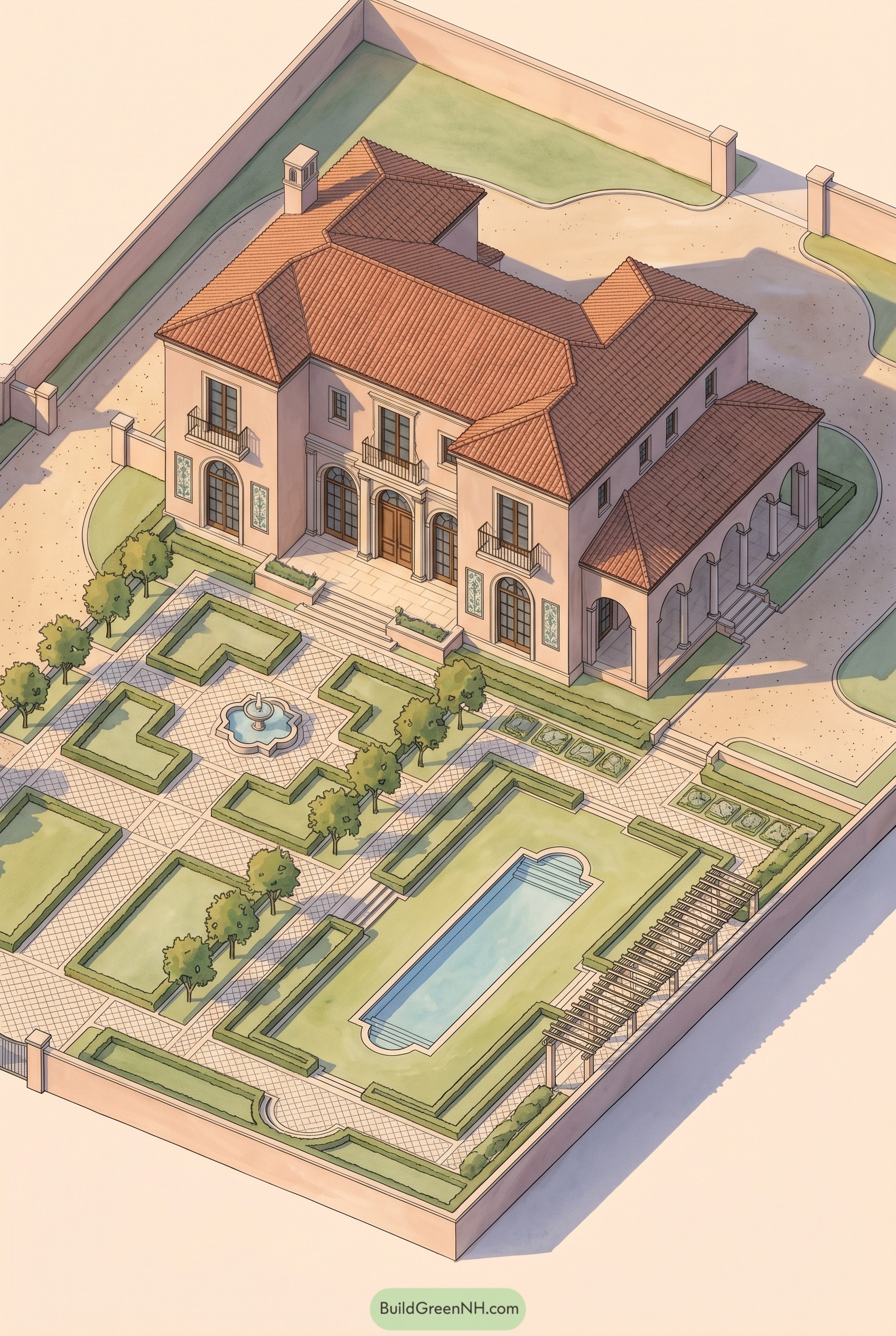 Mediterranean villa with parterre gardens and pool