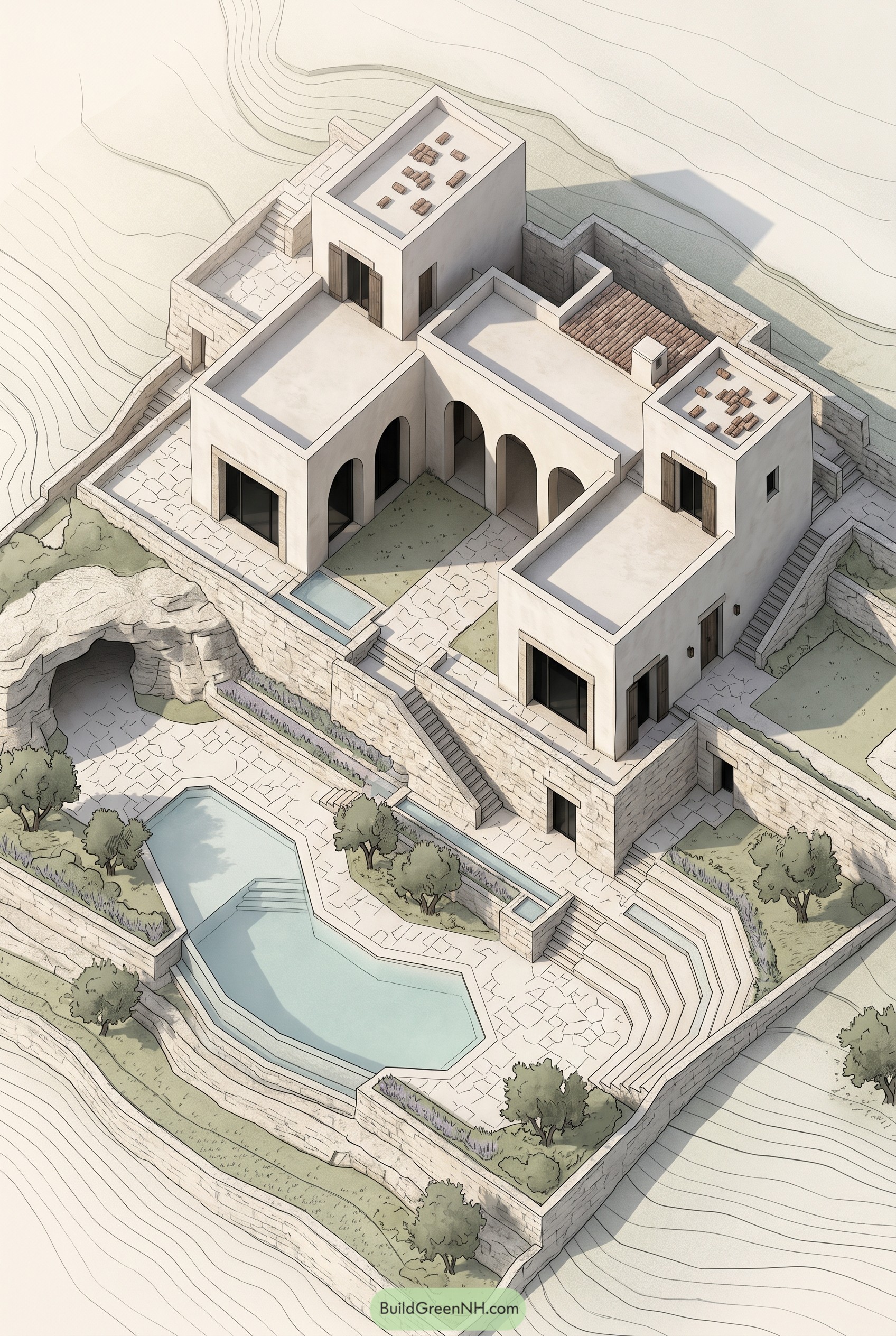 Terraced Mediterranean villa with pool and rooftop patios