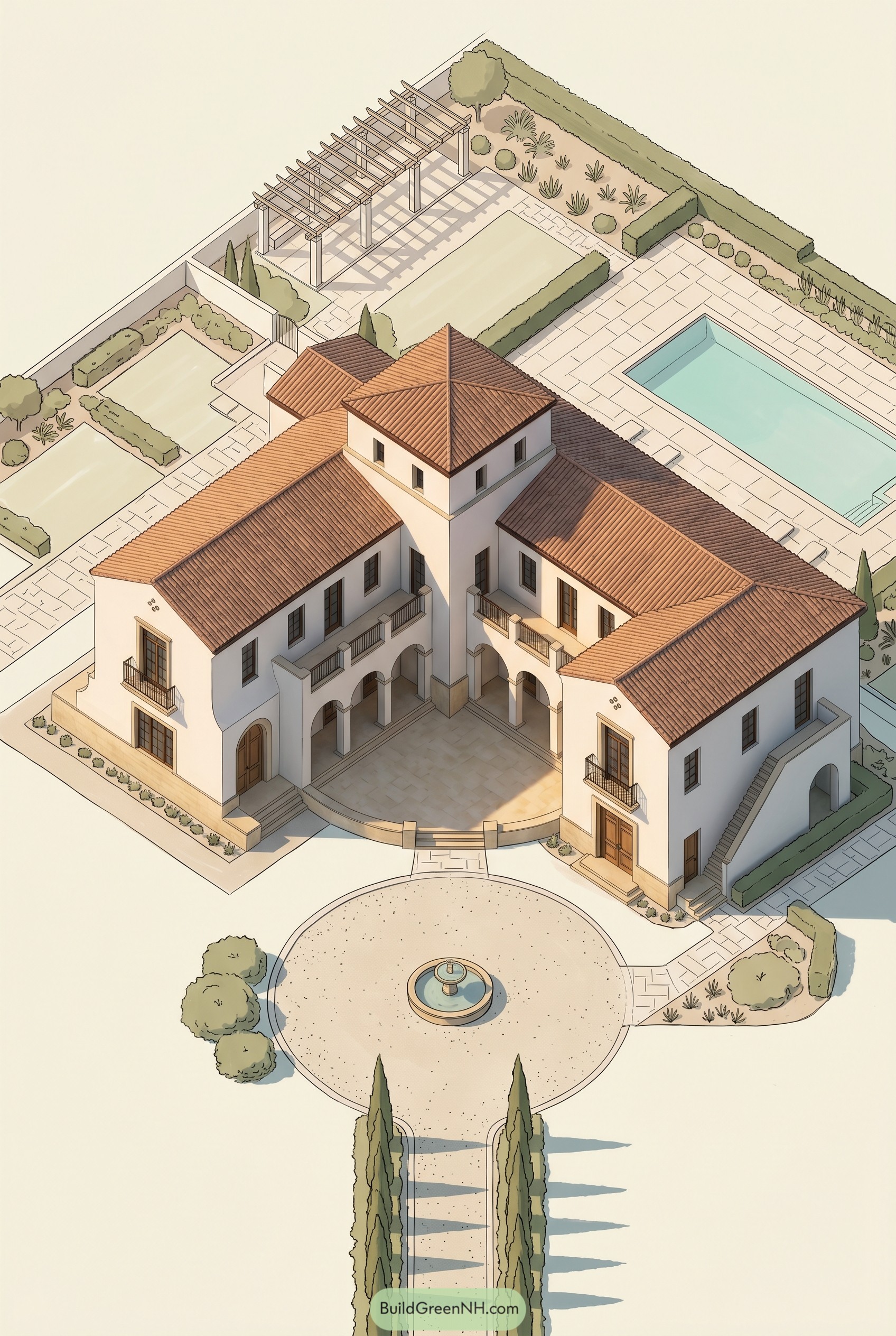 Aerial Mediterranean villa with pool pergola and fountain court