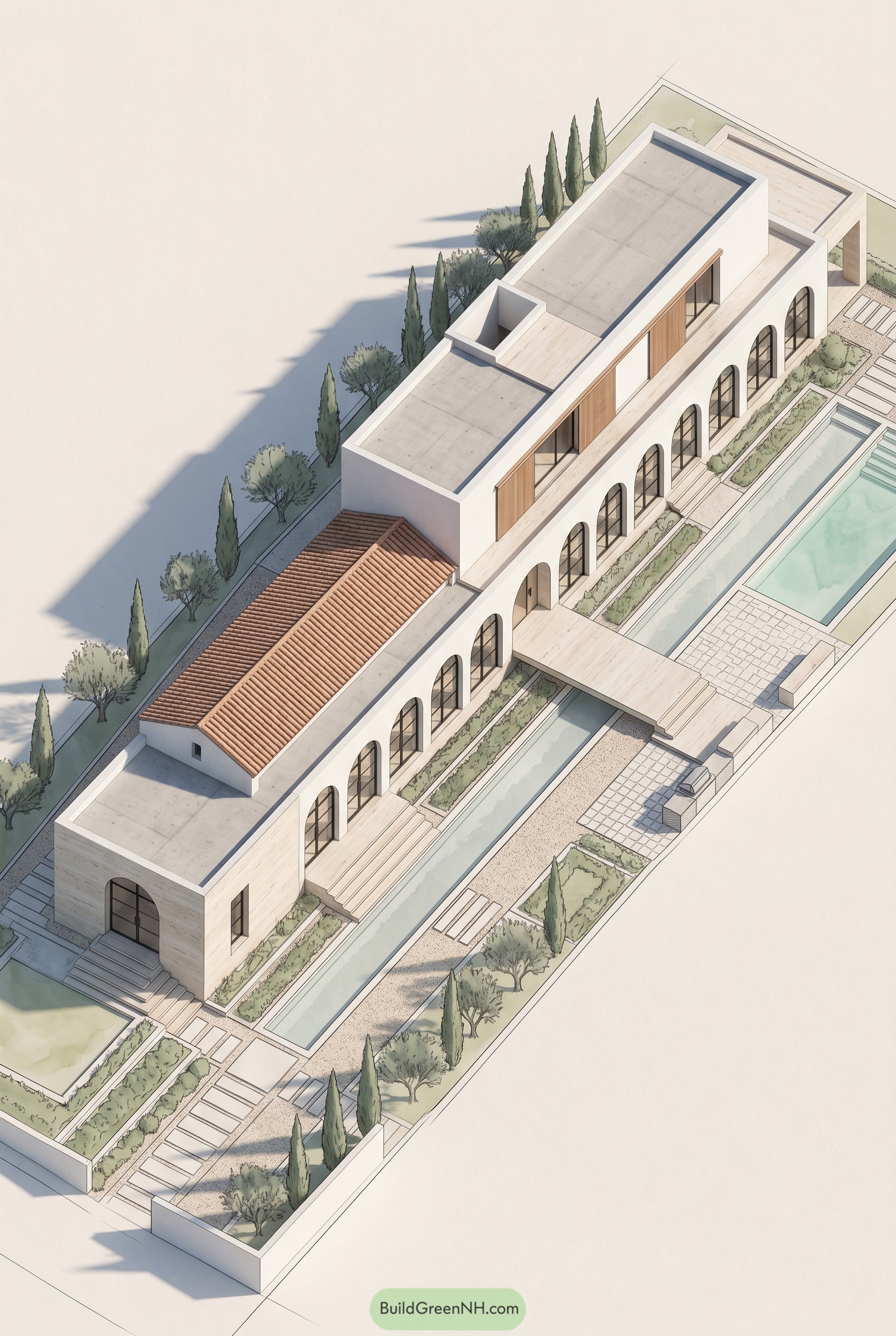 Aerial plan of arched Mediterranean estate with pool