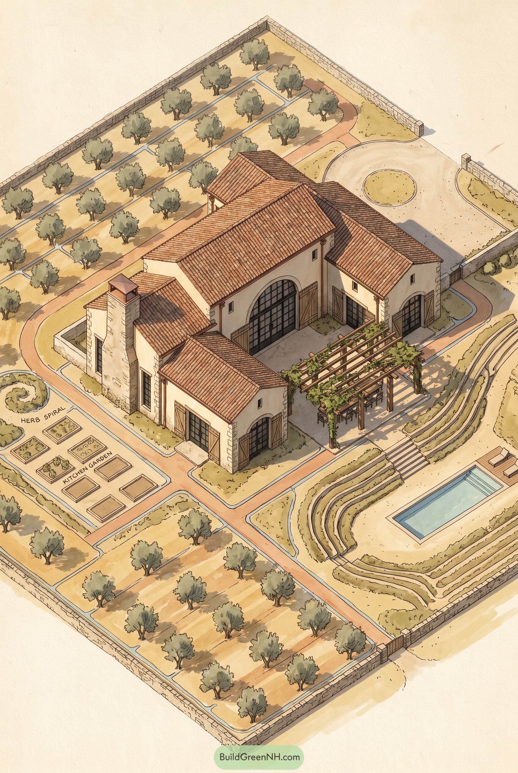 Aerial drawing of Mediterranean estate with olive groves