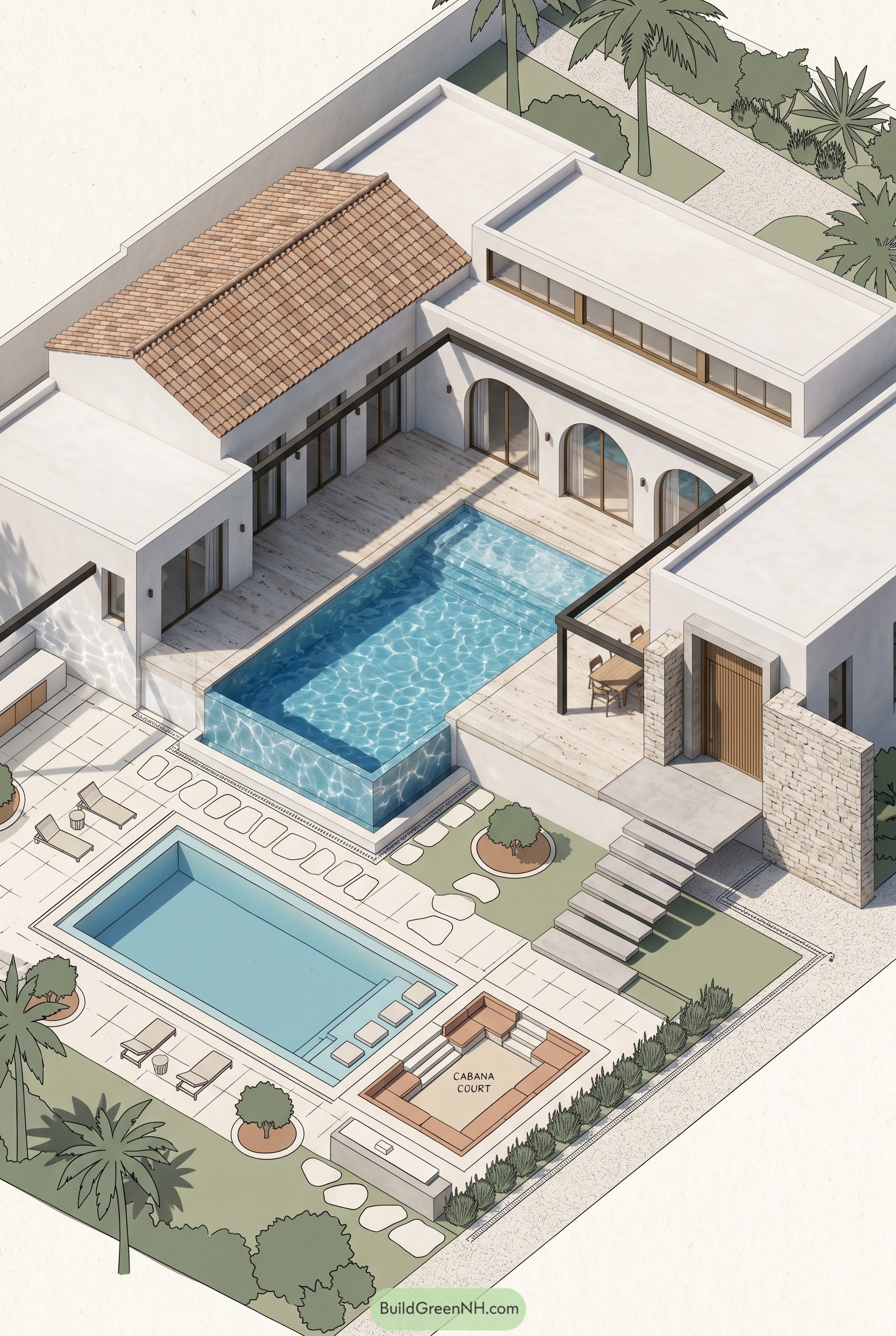 Modern Mediterranean estate with pools and arches