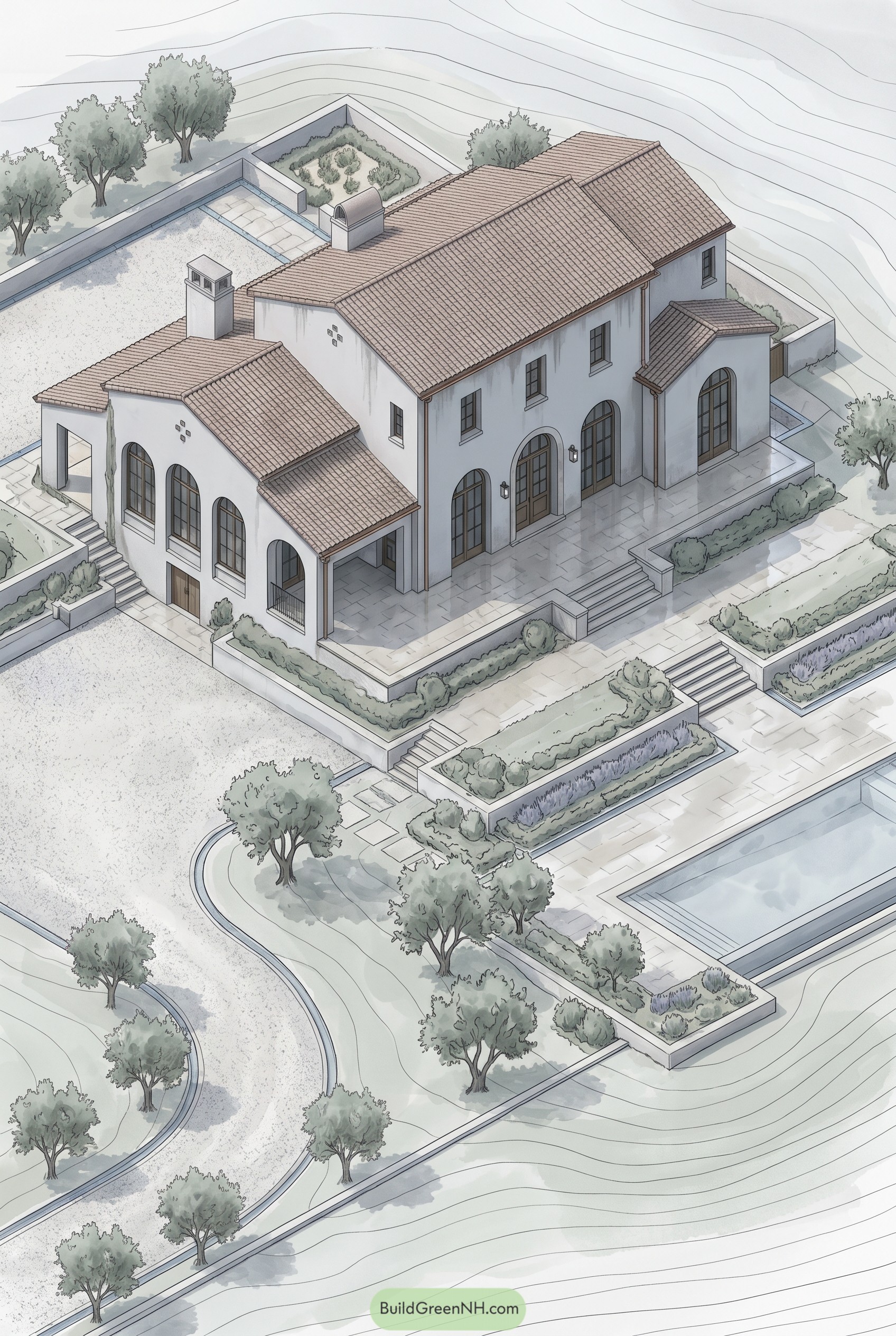 Mediterranean estate with terracotta roof and terraced gardens